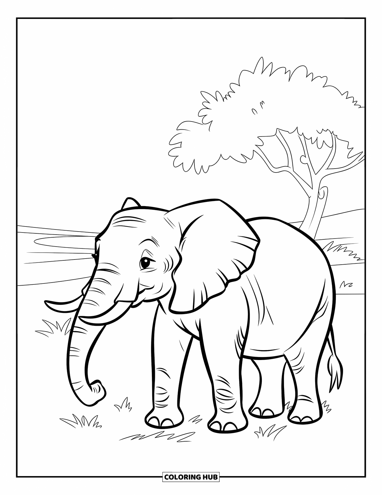 Wildlife Coloring Page for Kids: A big-eared elephant standing beside a lone tree in the field