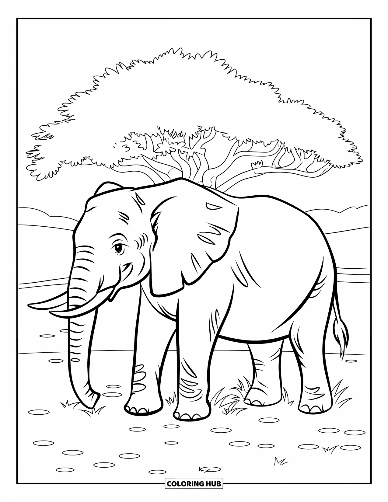 Wildlife Coloring Page for Kids: A calm elephant near a tall tree with soft grass beneath its feet