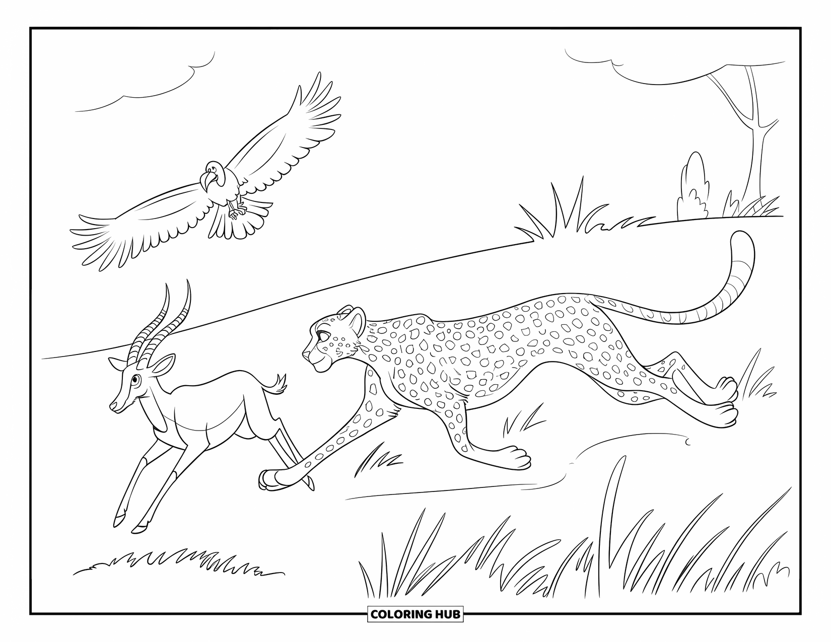Wildlife Coloring Page for Kids: A cheetah chasing an antelope while a vulture soars above