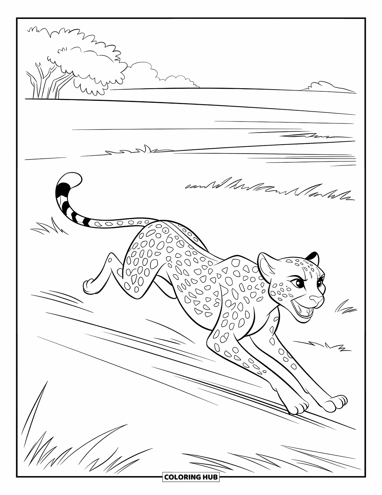 Wildlife Coloring Page for Kids: A cheetah speeding across wide plains with graceful motion lines