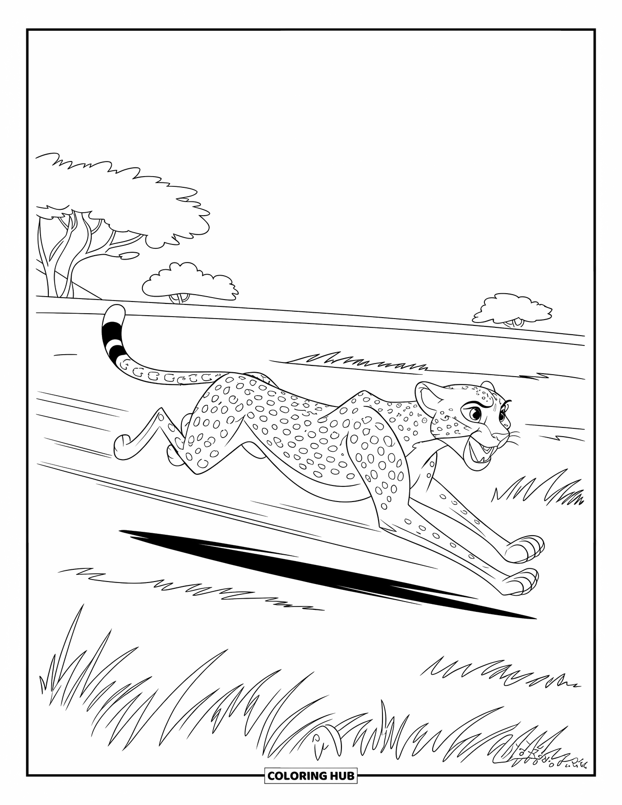 Wildlife Coloring Page for Kids: A cheetah sprinting fast across the plains under an open sky