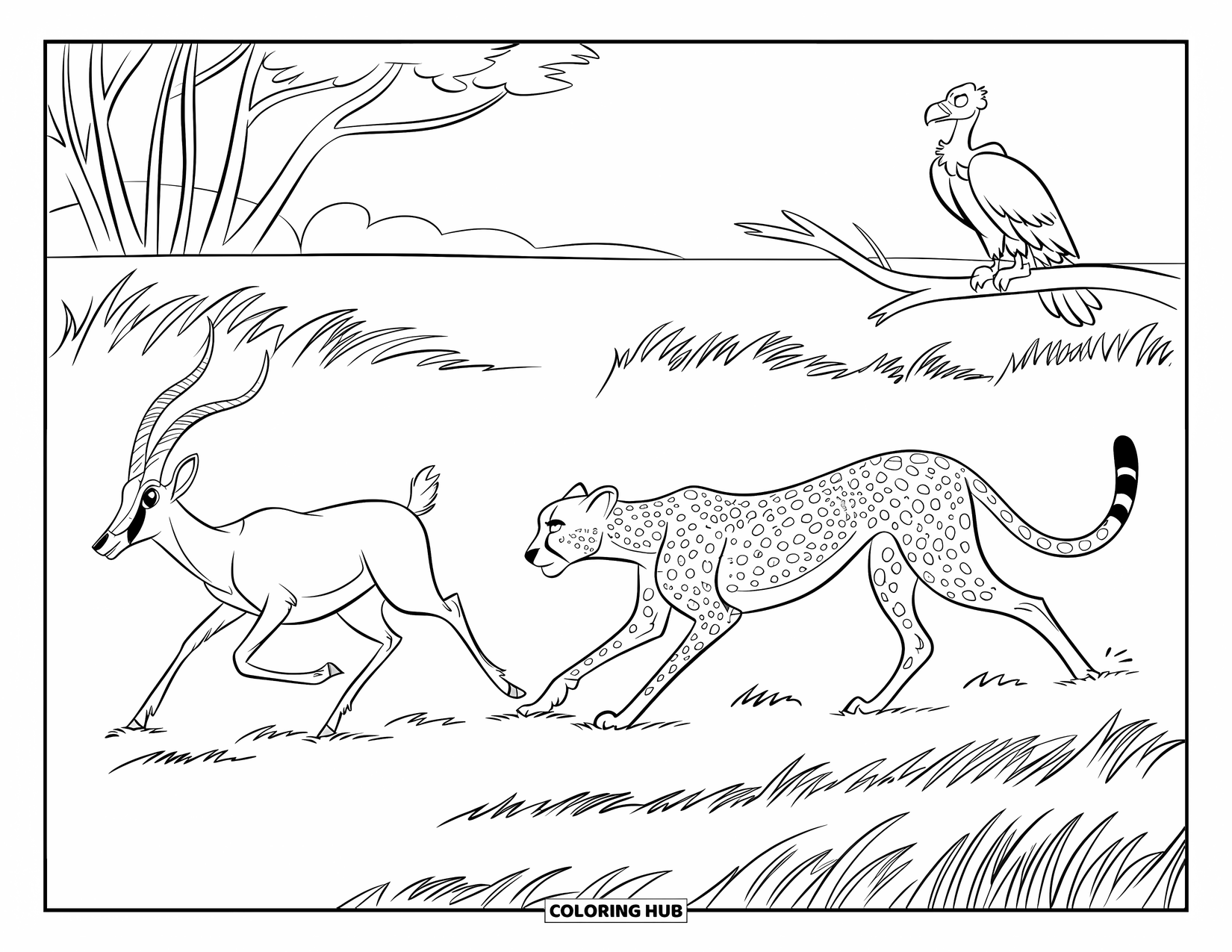 Wildlife Coloring Page for Kids: A cheetah stalking an antelope across tall savanna grasses