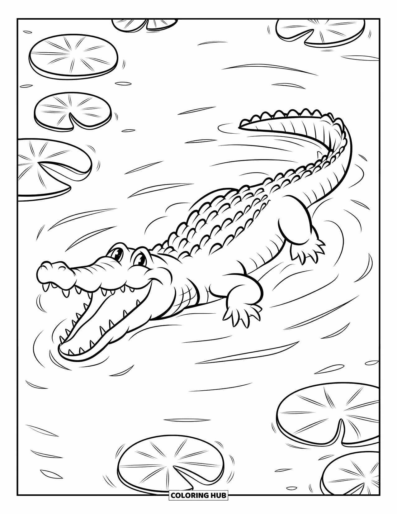 Wildlife Coloring Page for Kids: A crocodile breaking the surface of a lily-covered river