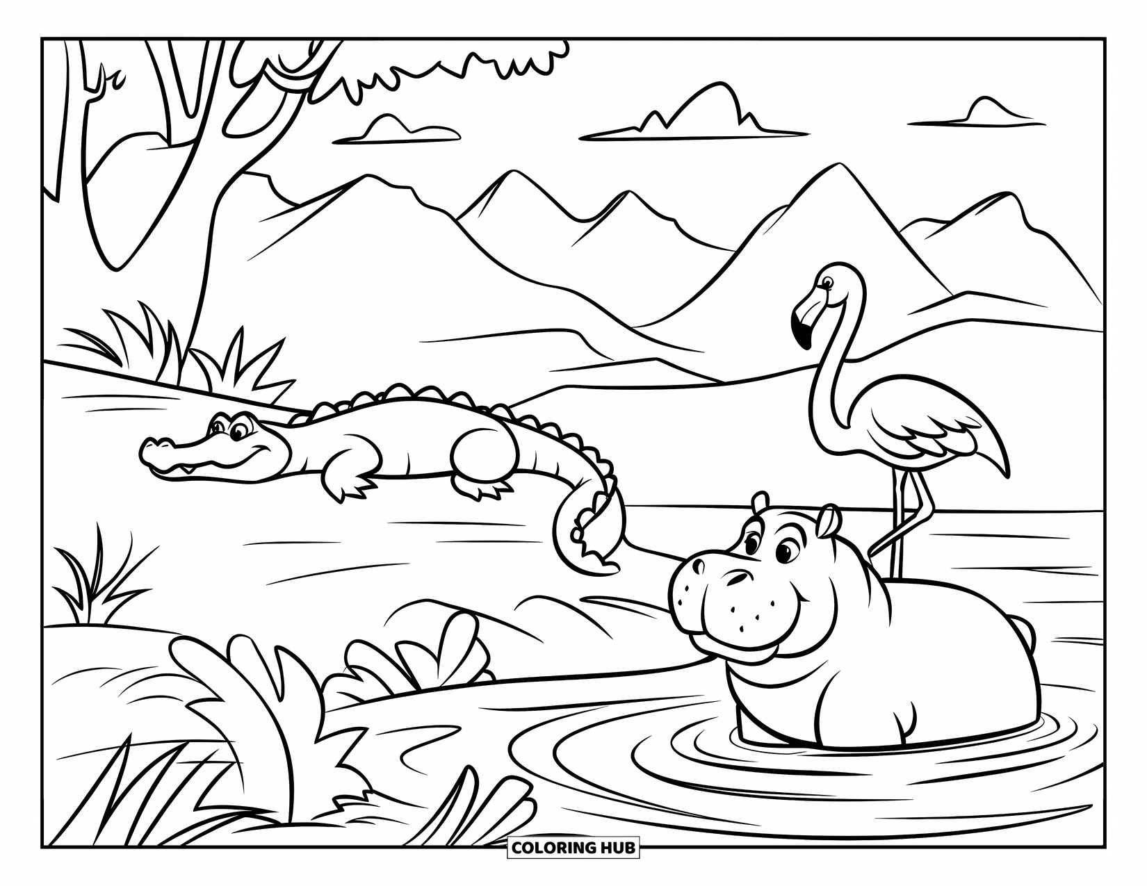 Wildlife Coloring Page for Kids: A crocodile, flamingo, and hippo relaxing beside calm river waters