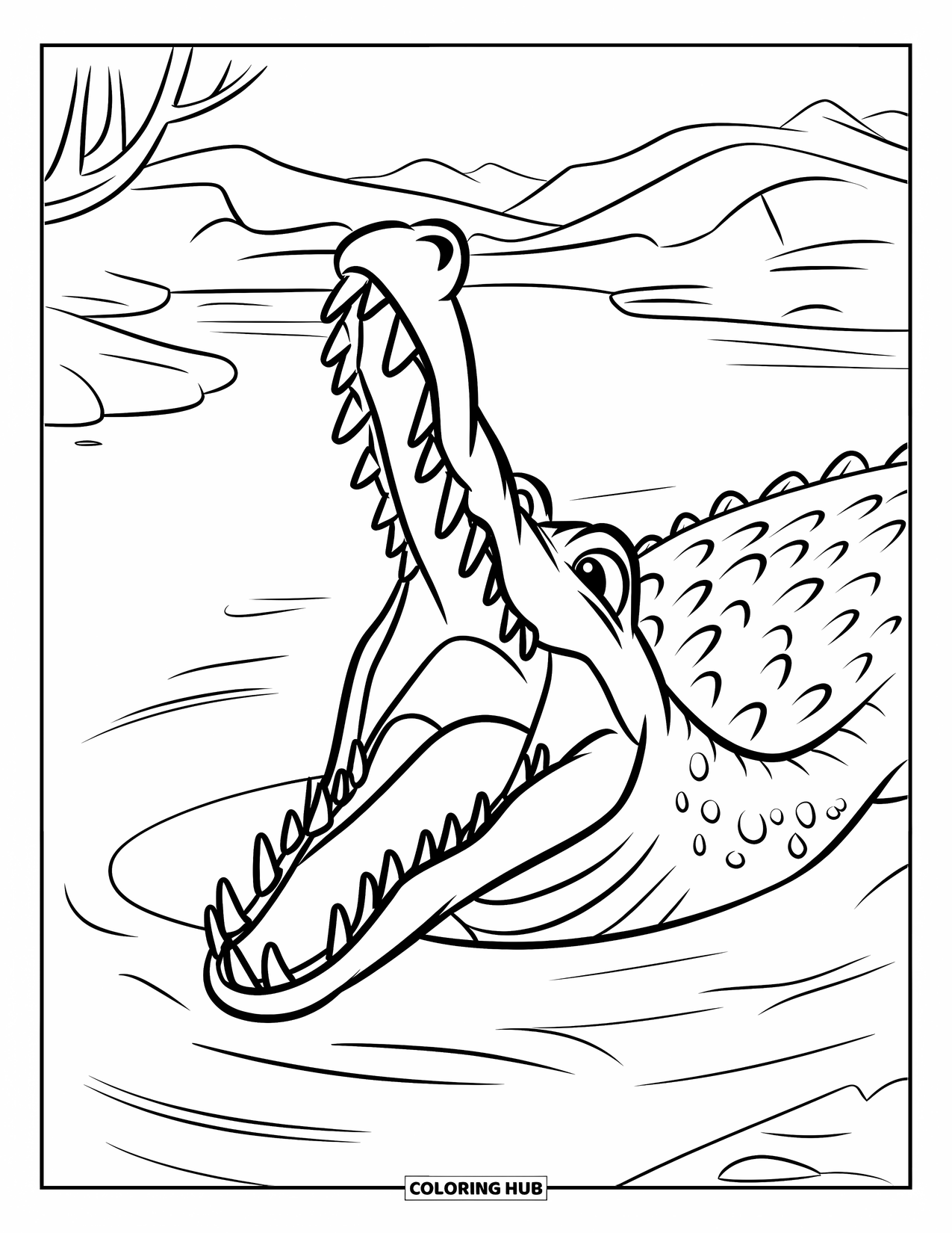 Wildlife Coloring Page for Kids: A crocodile rising from the water with ripples spreading behind it