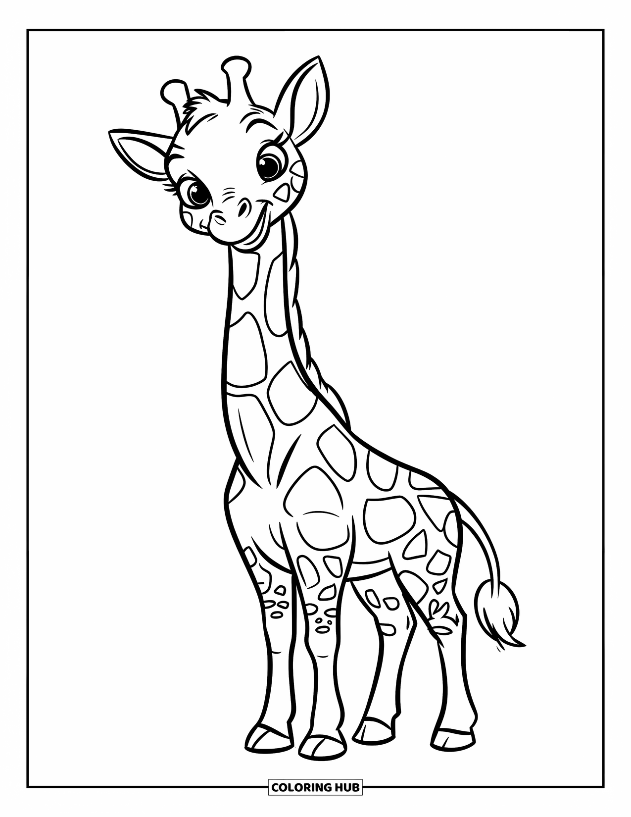 Wildlife Coloring Page for Kids: A friendly giraffe with big spots smiling brightly at the viewer