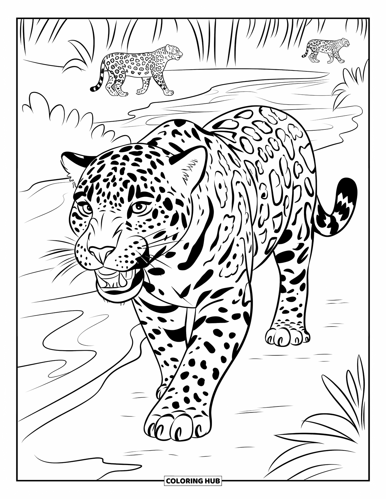 Wildlife Coloring Page for Kids: A jaguar prowling beside a calm river surrounded by trees