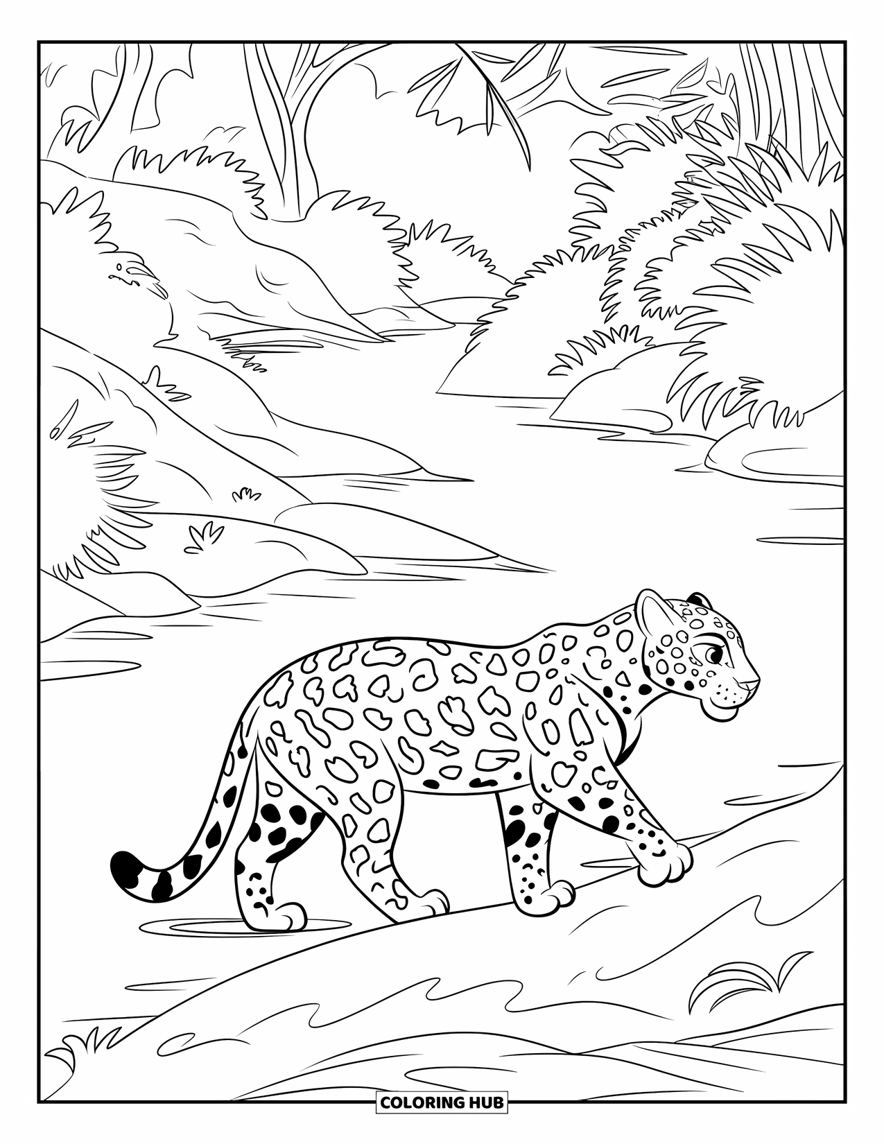 Wildlife Coloring Page for Kids: A jaguar with spots walking along a muddy rainforest river
