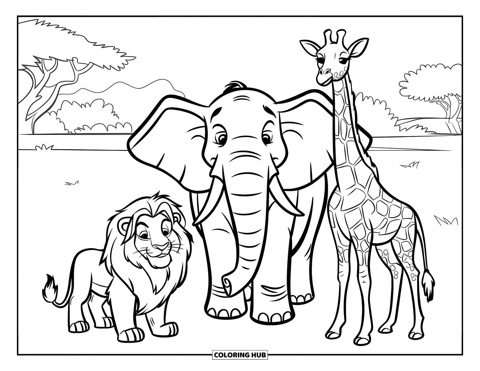 Wildlife Coloring Page for Kids: A lion, elephant, and giraffe side by side on a bright savanna