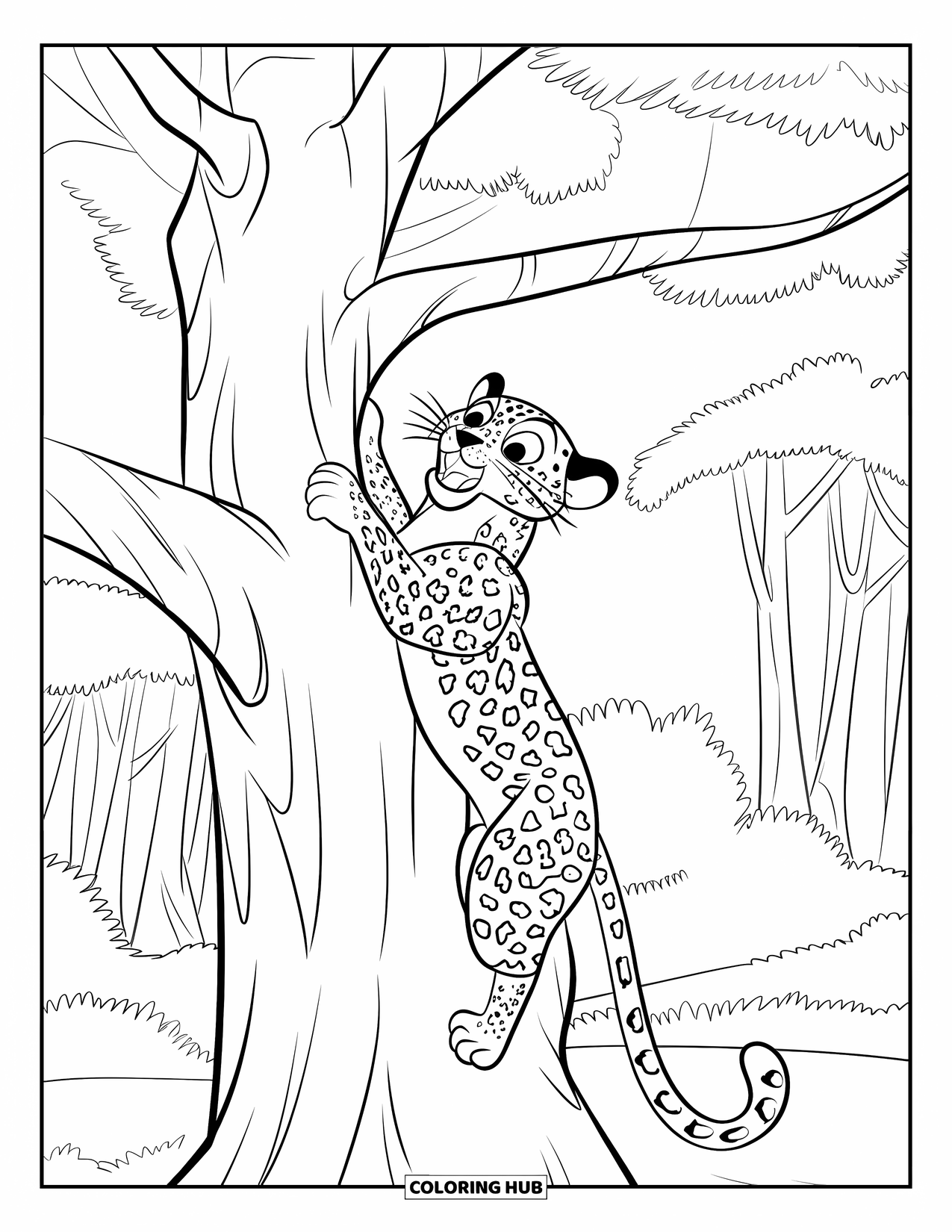 Wildlife Coloring Page for Kids: A roaring leopard climbing high into the forest canopy