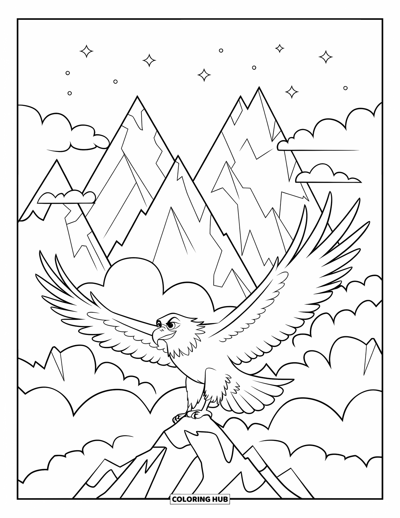 Wildlife Coloring Page for Kids: An eagle flying above the mountains through drifting white clouds