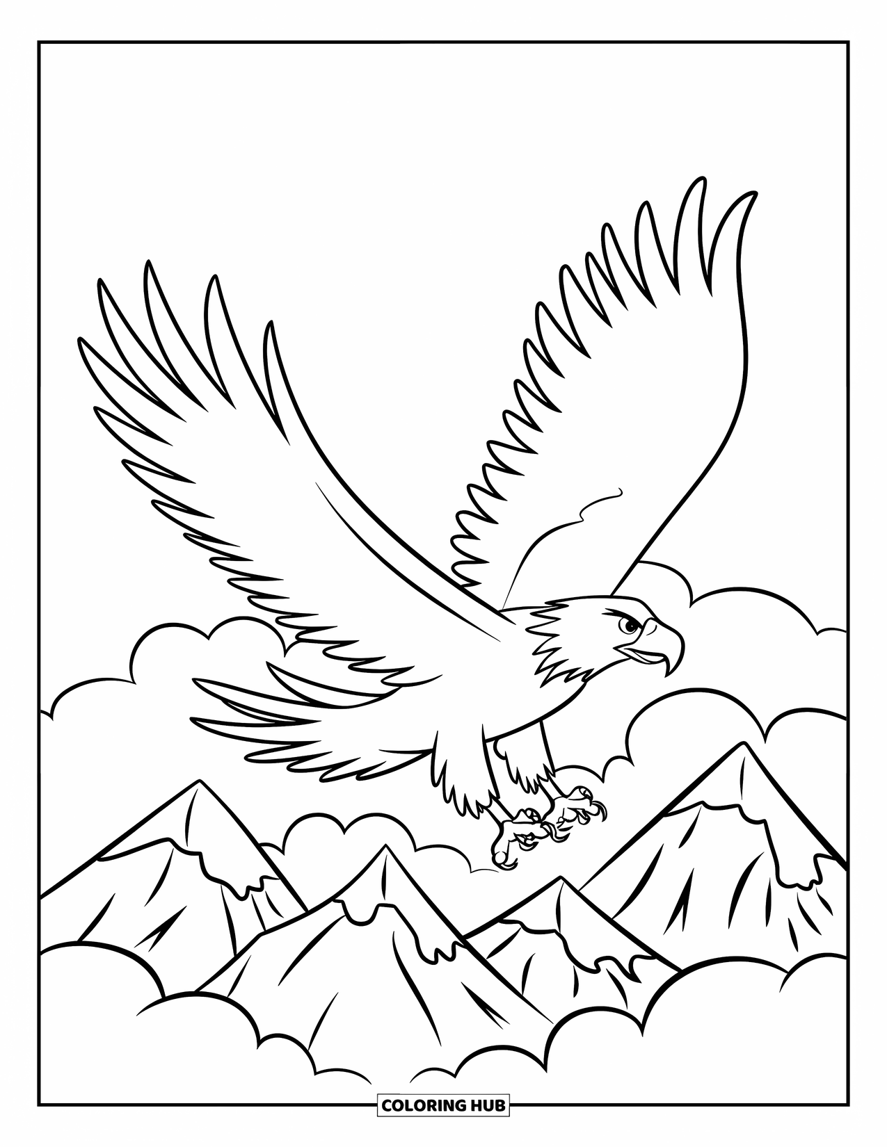Wildlife Coloring Page for Kids: An eagle soaring high above snow-capped mountain peaks