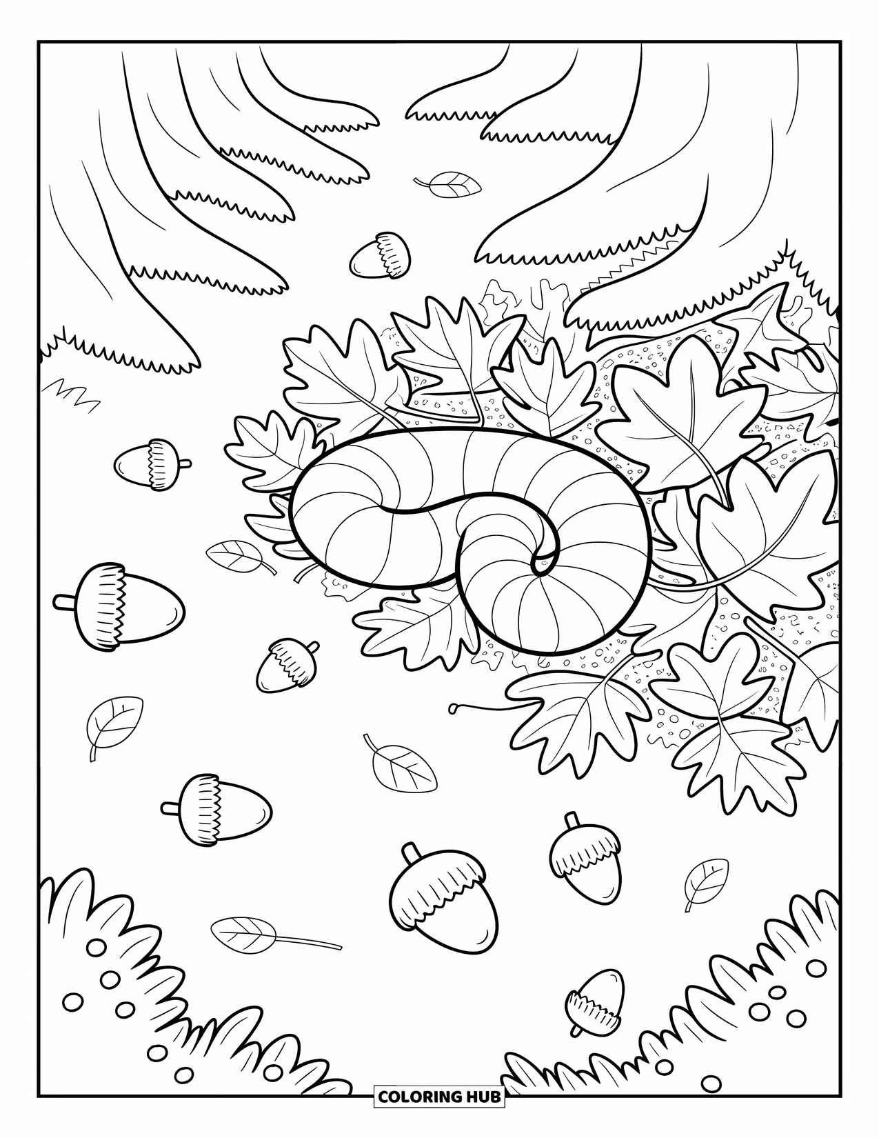 Worm Coloring Page for Adults: A cozy forest floor scene with leaves, twigs, and a worm