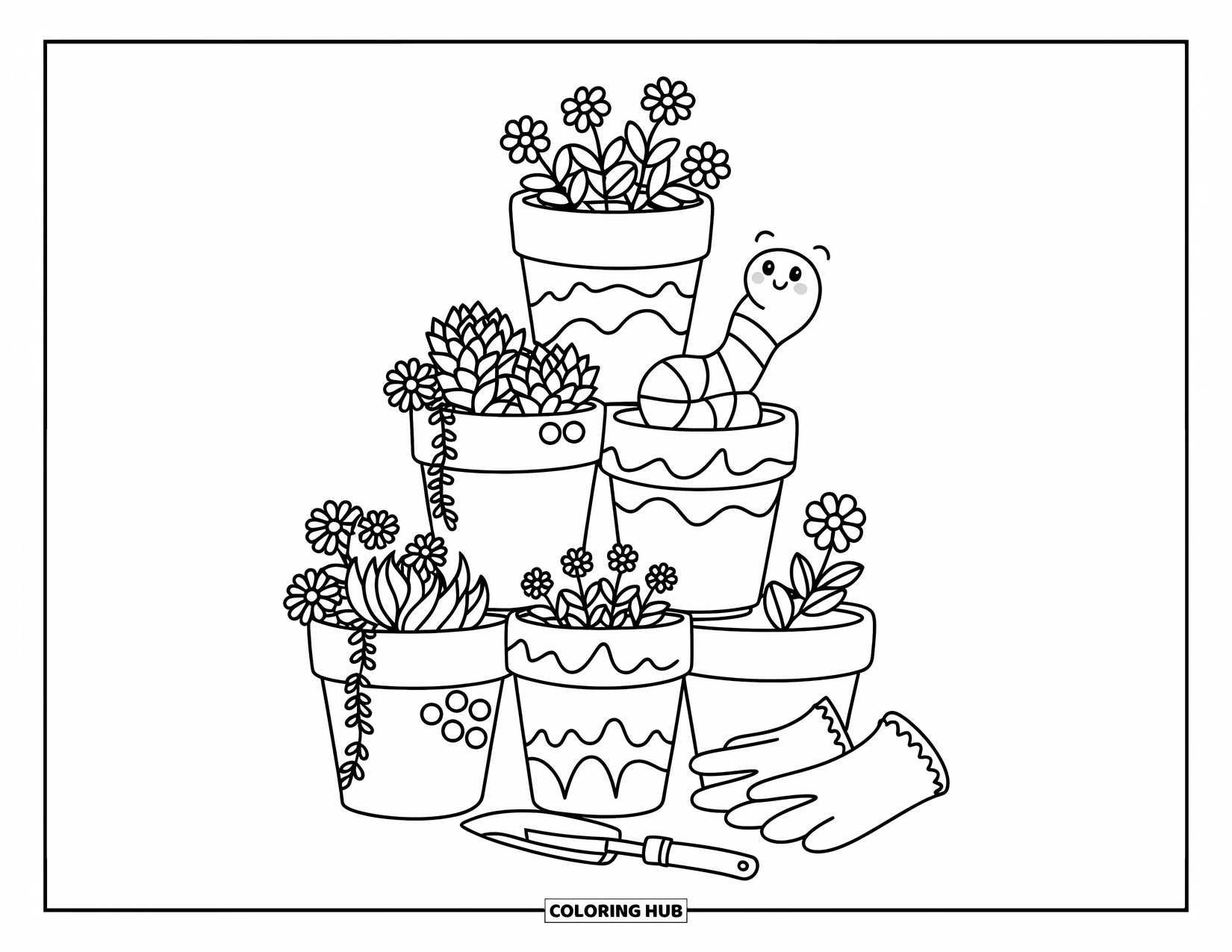 Worm Coloring Page for Adults: A cozy pot tower with plants, a worm, and gardening tools