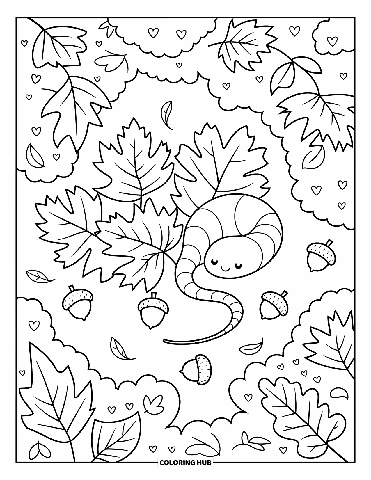 Worm Coloring Page for Adults: A curled worm nestled in colorful leaves and forest twigs