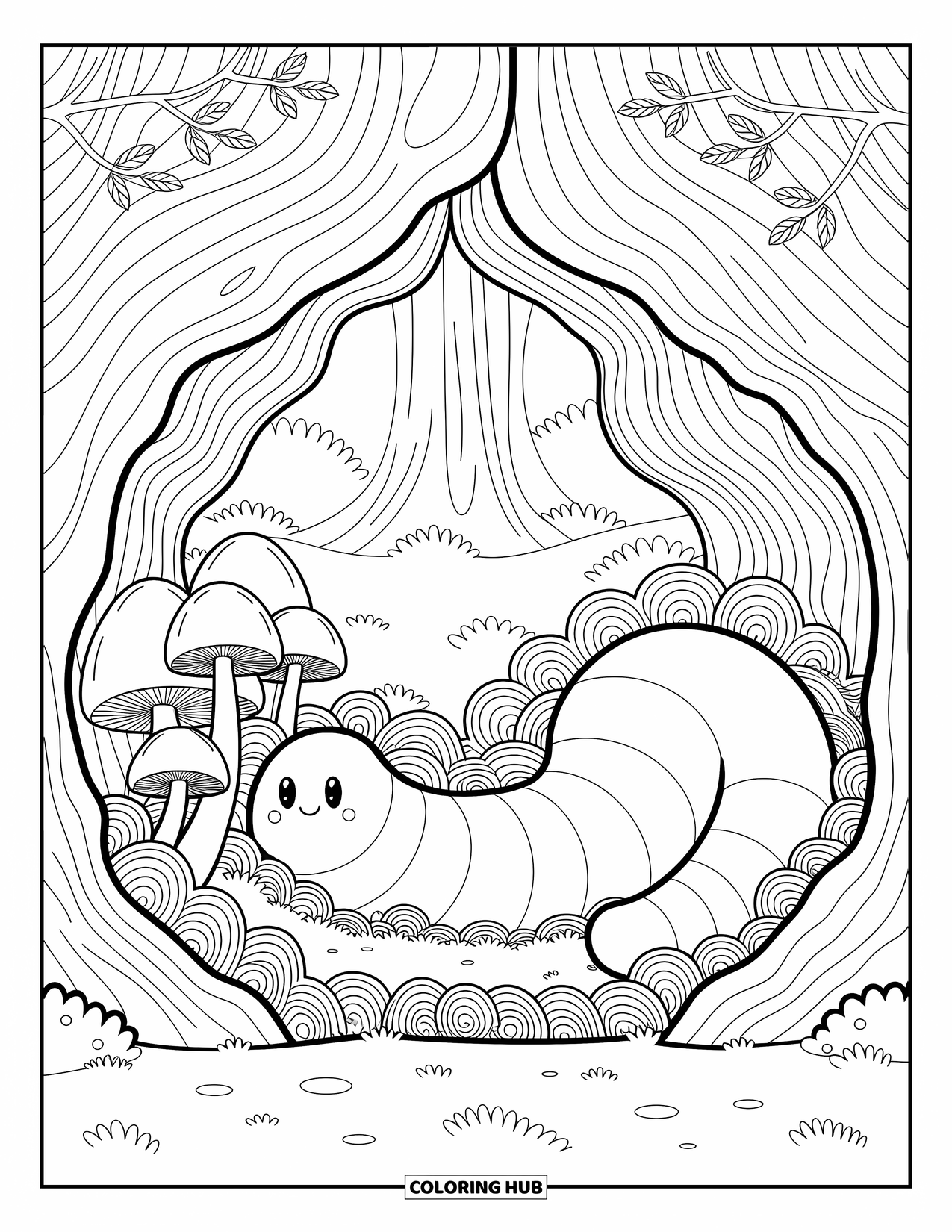 Worm Coloring Page for Adults: A happy worm inside a log surrounded by moss and leaves