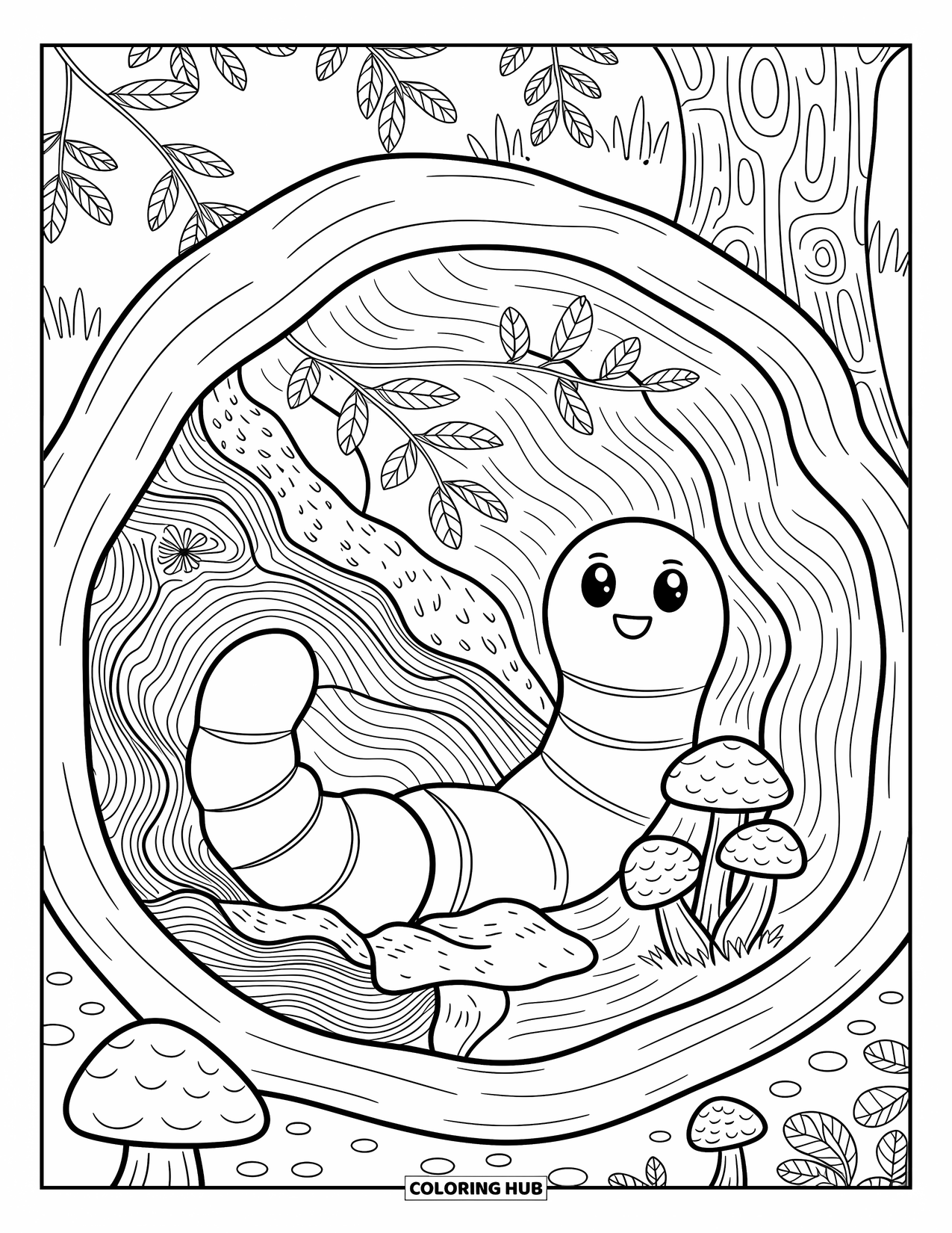 Worm Coloring Page for Adults: A peaceful worm in a hollow log under leafy branches