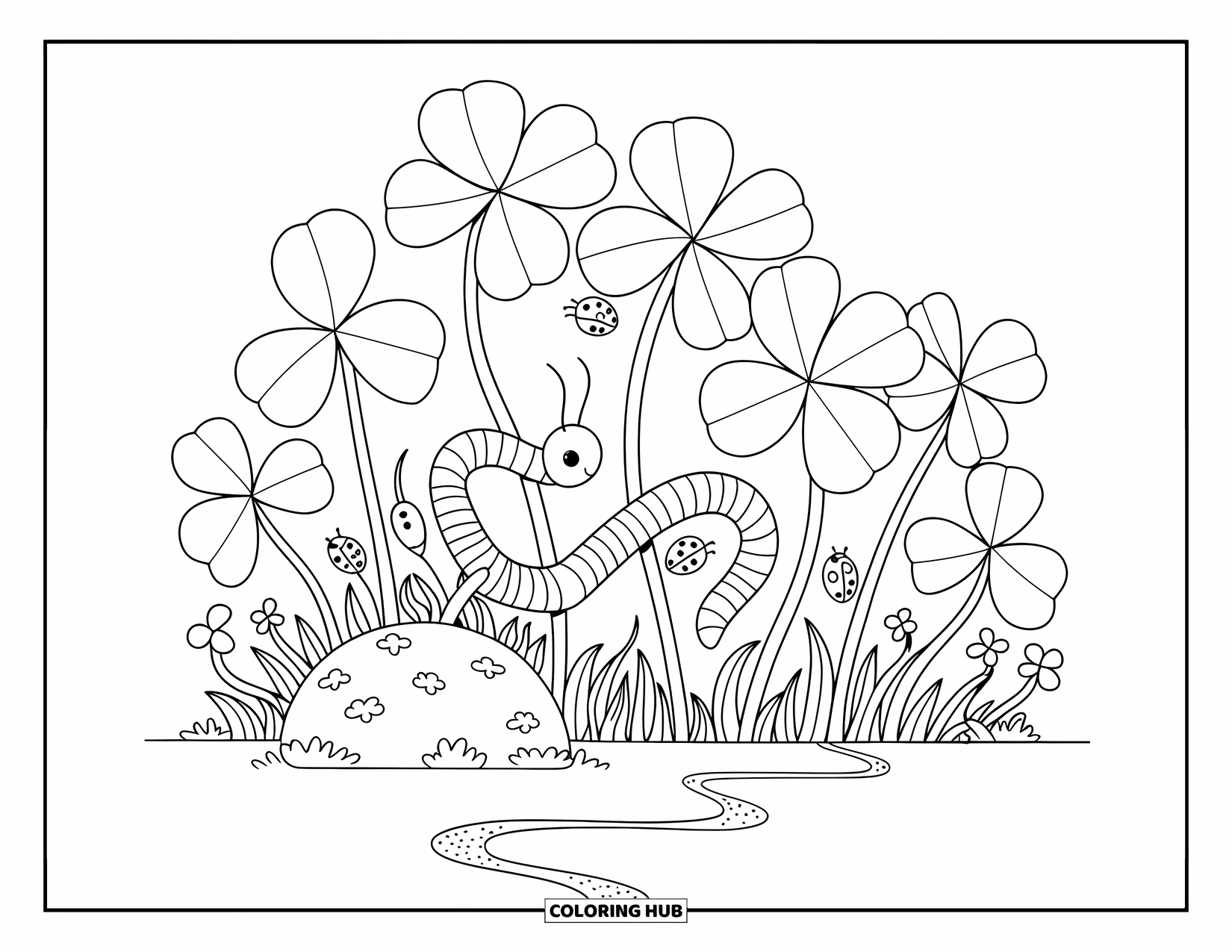 Worm Coloring Page for Adults: A worm exploring a clover patch filled with beetles and soft leaves