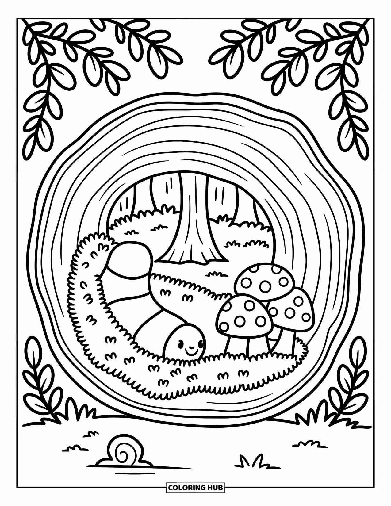 Worm Coloring Page for Adults: A worm nestled inside a hollow log with moss and mushrooms