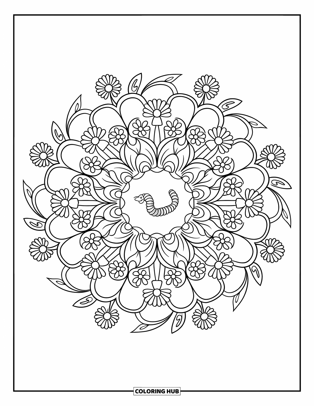 Worm Coloring Page for Adults: Worm curls up inside a floral mandala made of vines and flowers