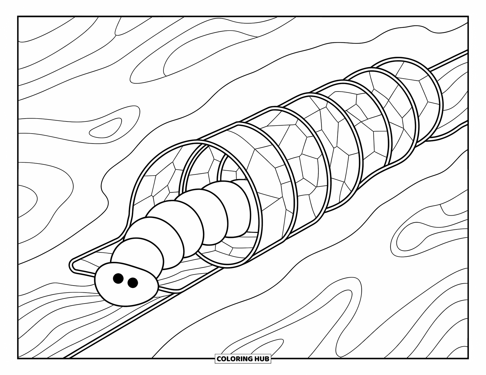 Worm Coloring Page for Adults: Worm explores a stained-glass tunnel filled with fun soil shapes and textures