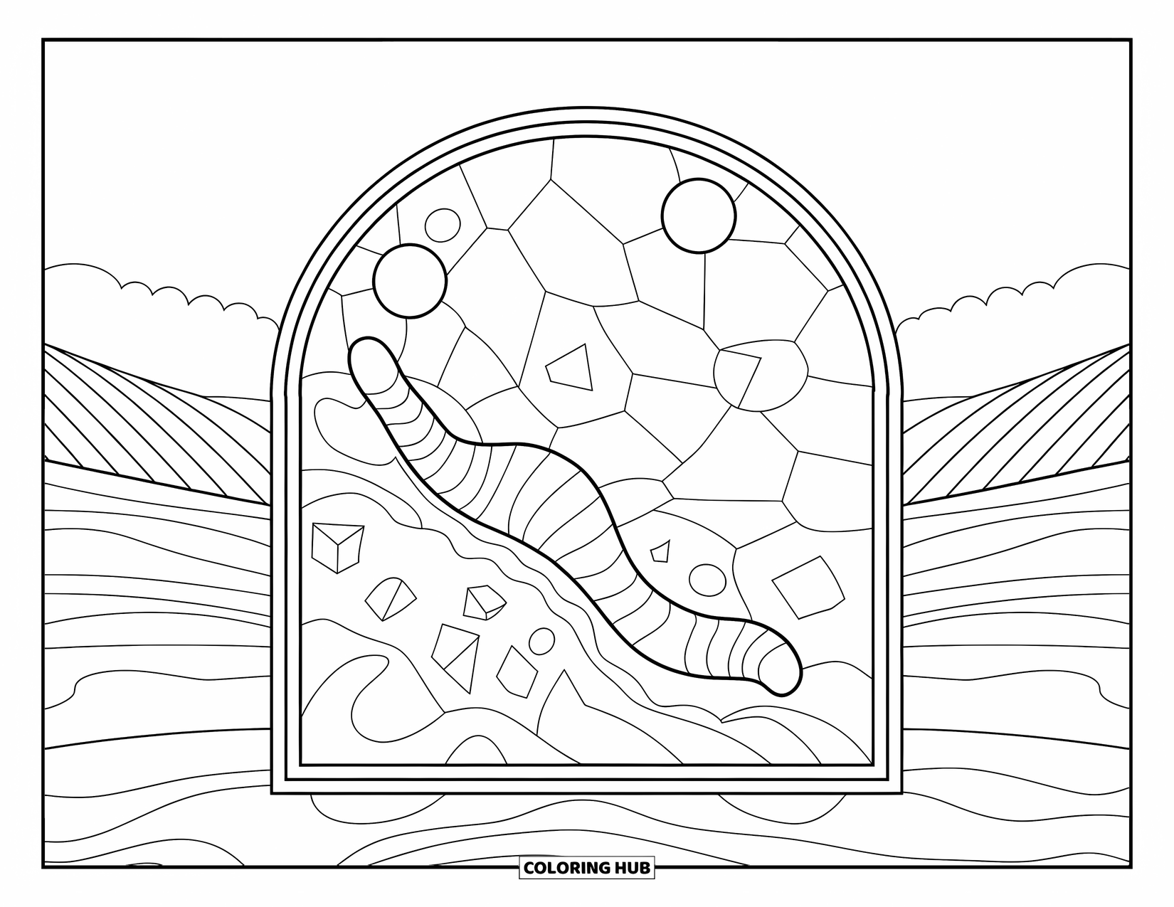 Worm Coloring Page for Adults: Worm moves through a colorful tunnel of stained-glass shapes in a peaceful landscape