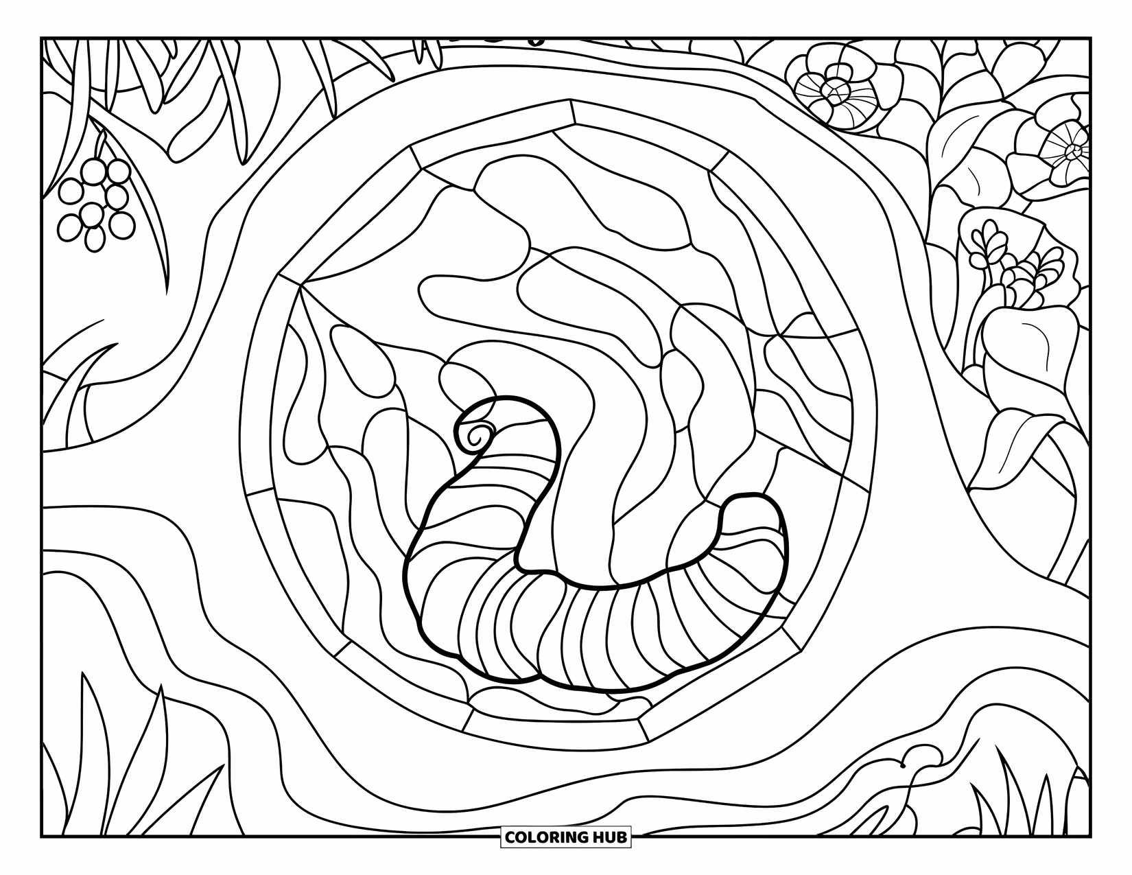 Worm Coloring Page for Adults: Worm rests inside a stained-glass tunnel surrounded by garden plants and flowers