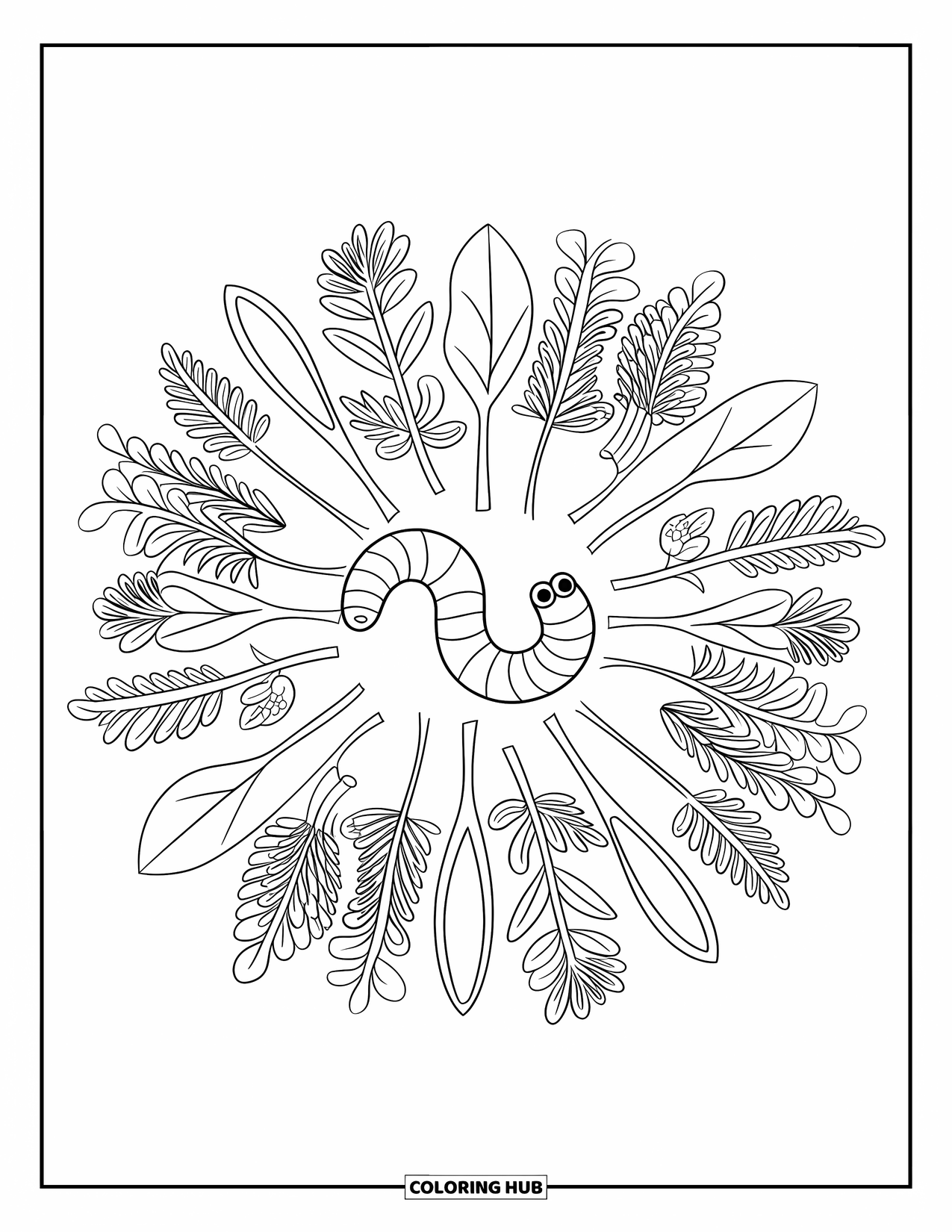 Worm Coloring Page for Adults: Worm travels through a circular path of herbs with relaxing natural patterns