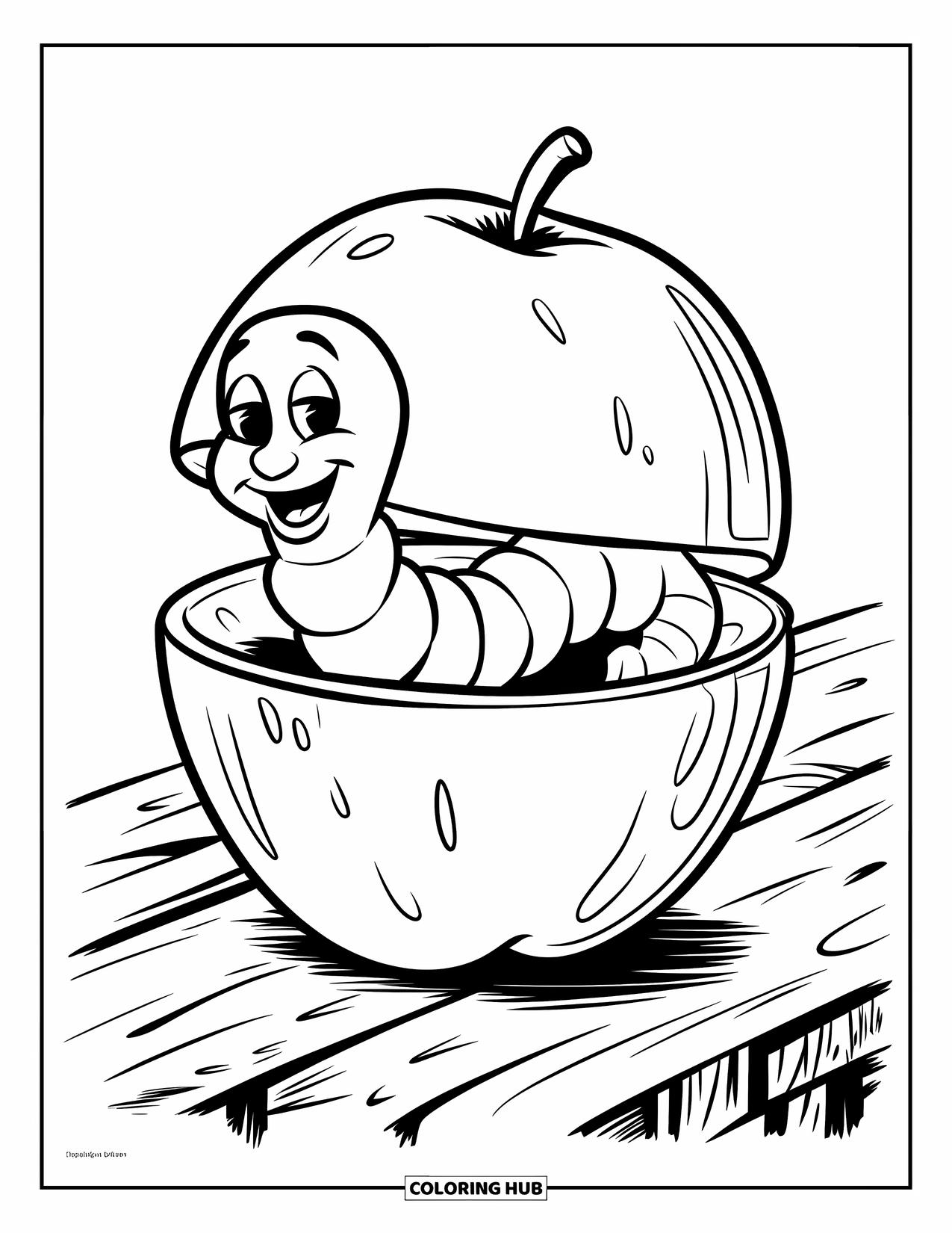 Worm Coloring Page for Kids: A cheerful worm in an apple surrounded by wooden splinters