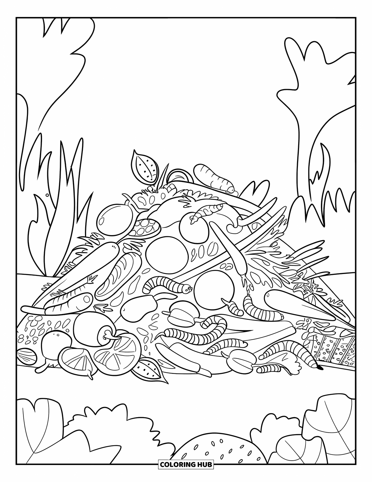 Worm Coloring Page for Kids: A compost pile full of veggie scraps with wriggly worms
