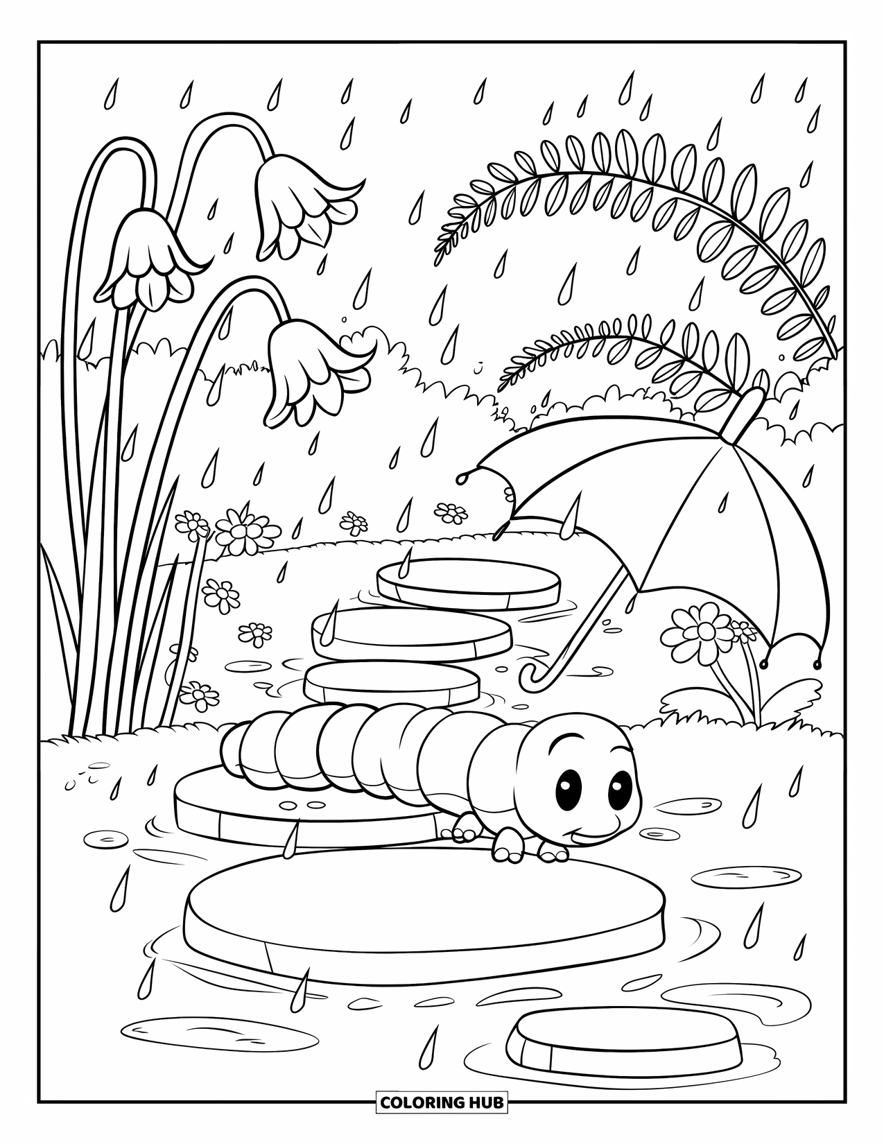 Worm Coloring Page for Kids: A cozy rainy garden with a worm, umbrella leaf, and rippling puddles