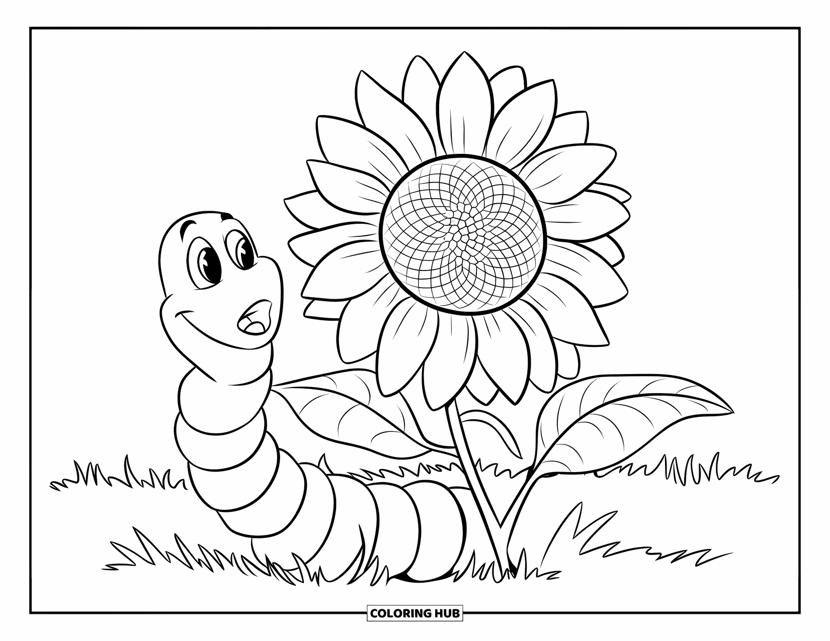 Worm Coloring Page for Kids: A curious worm wrapped around a sunflower stem in a sunny field