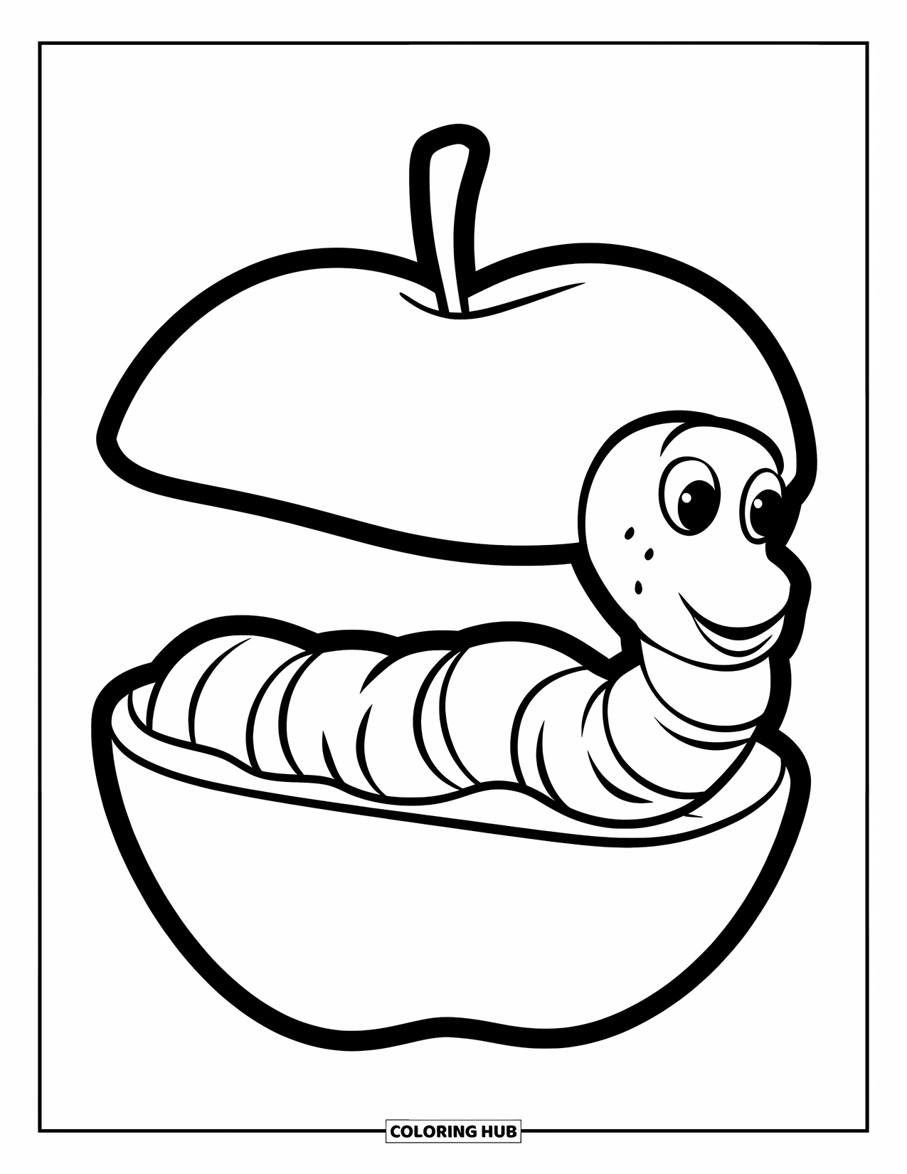 Worm Coloring Page for Kids: A cute worm crawling out from a big apple on white background
