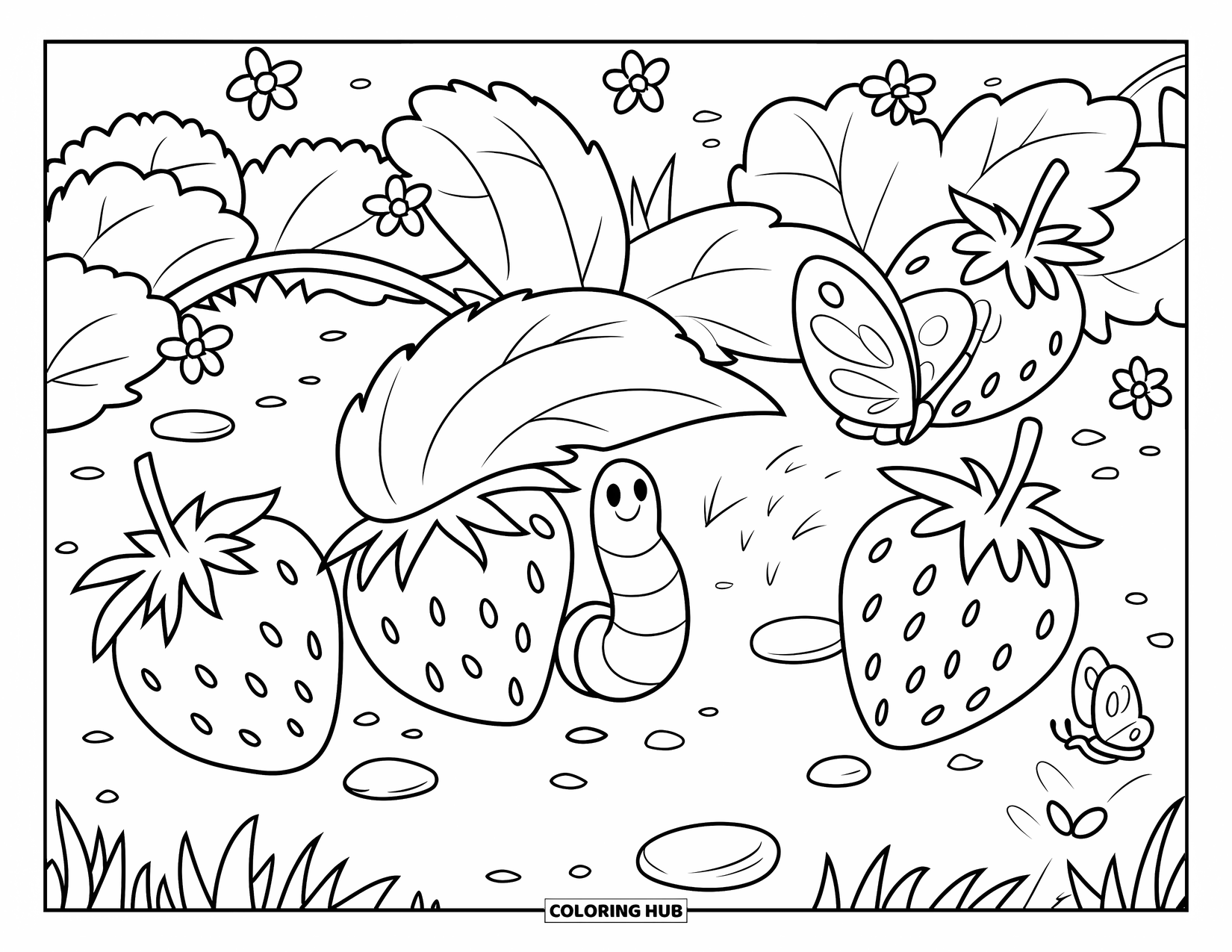 Worm Coloring Page for Kids: A cute worm in a strawberry patch surrounded by flowers and butterflies