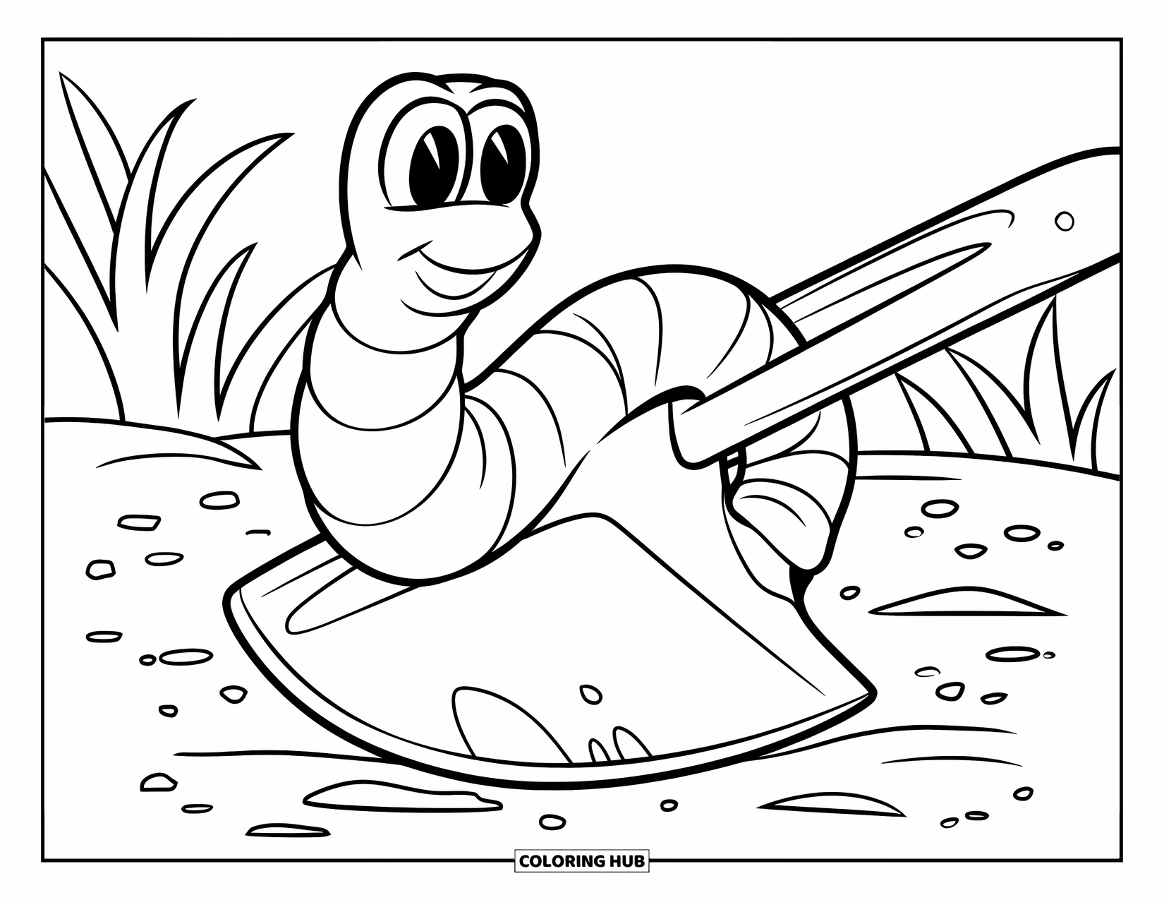 Worm Coloring Page for Kids: A garden worm on a wooden shovel surrounded by plants and soil