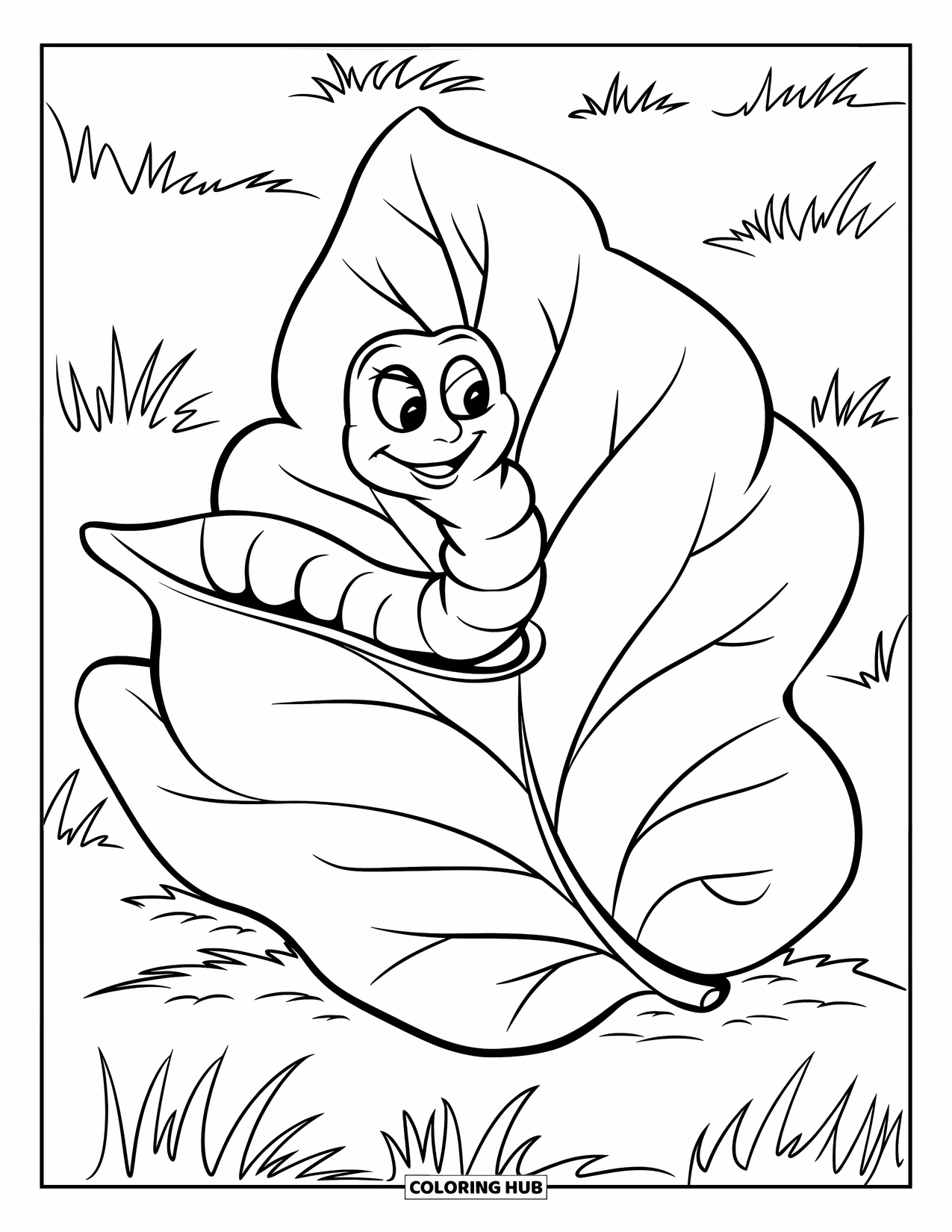 Worm Coloring Page for Kids: A happy worm coiled around a leaf stem on clean grass