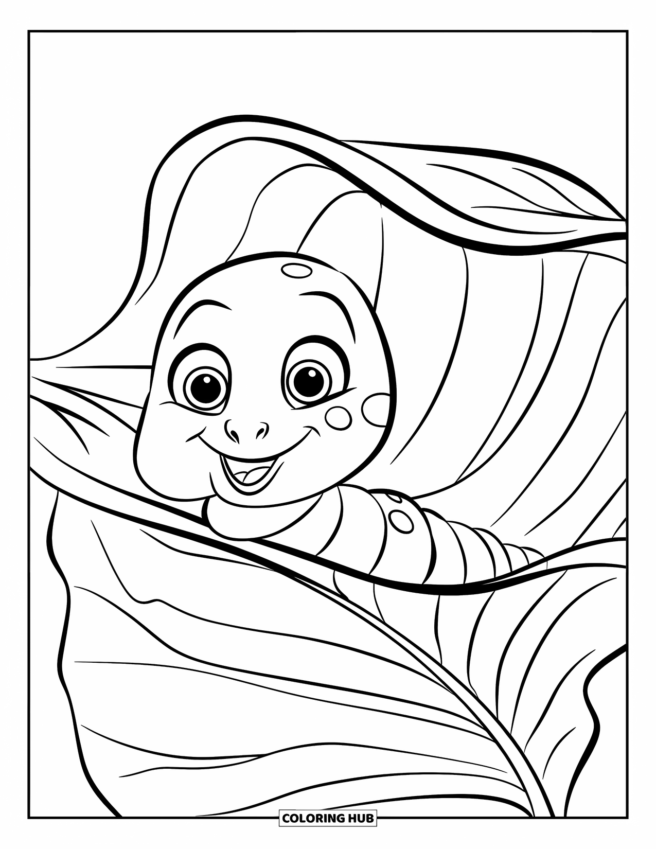 Worm Coloring Page for Kids: A smiling worm peeking from behind a large garden leaf
