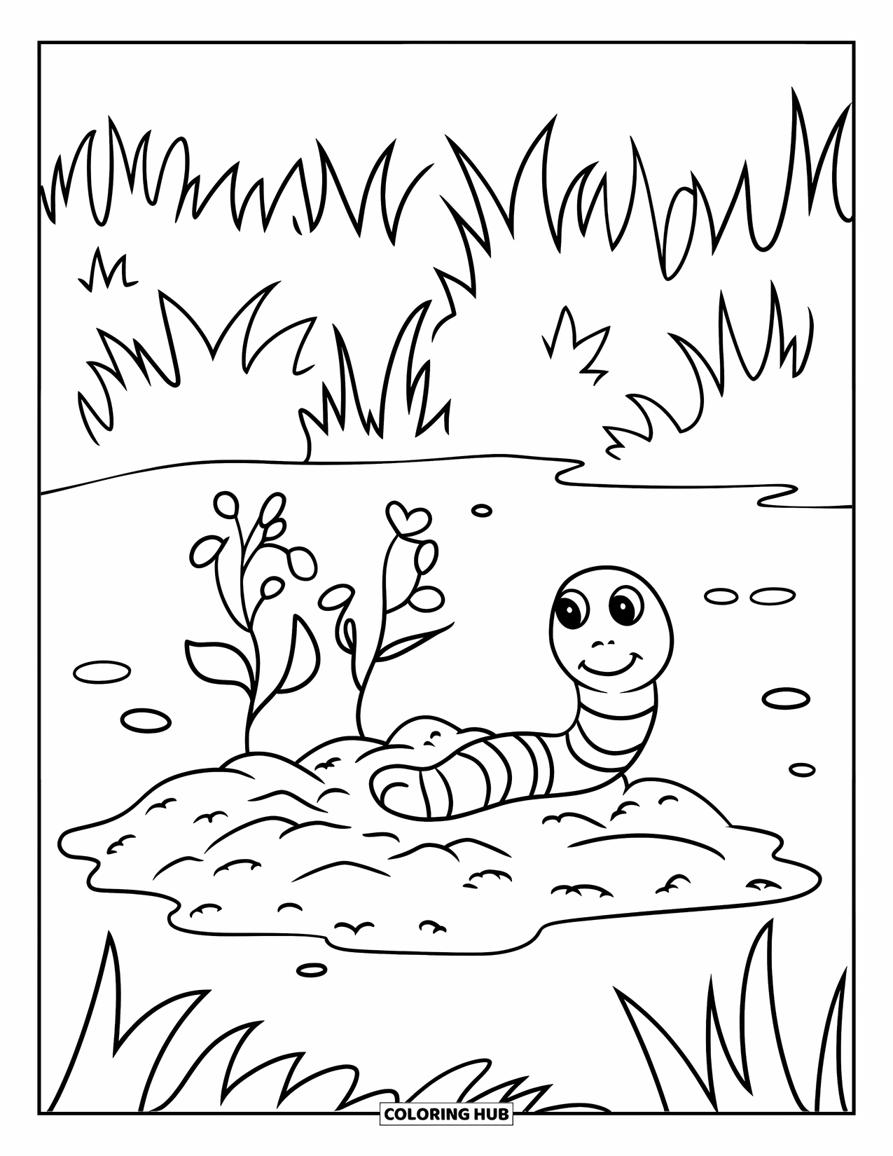 Worm Coloring Page for Kids: A smiling worm resting beside young seedlings sprouting leaves