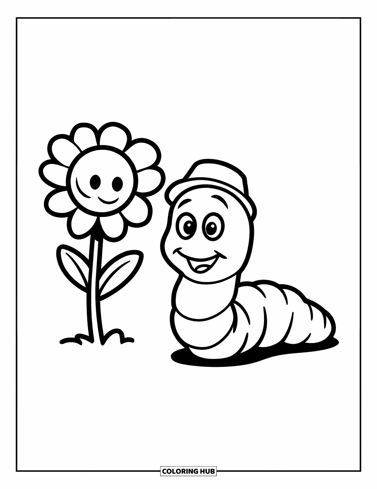 Worm Coloring Page for Kids: A smiling worm with a hat sitting near a tall flower