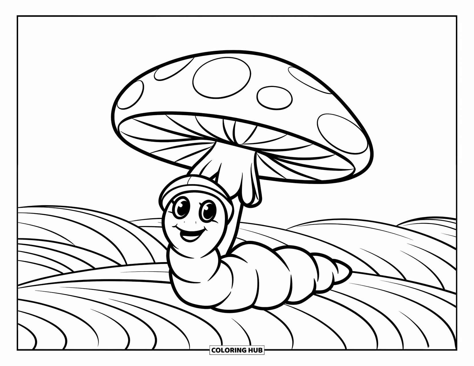 Worm Coloring Page for Kids: A smiling worm with a hat under a large mushroom on white grass