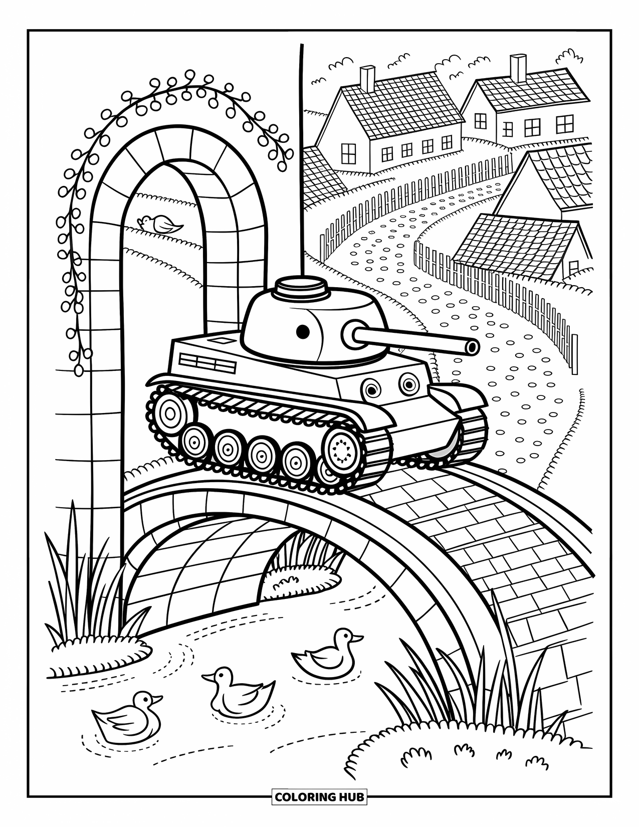 Ww2 Coloring Page for Adults: A cheerful tank sits on a bridge as birds perch and ducks swim