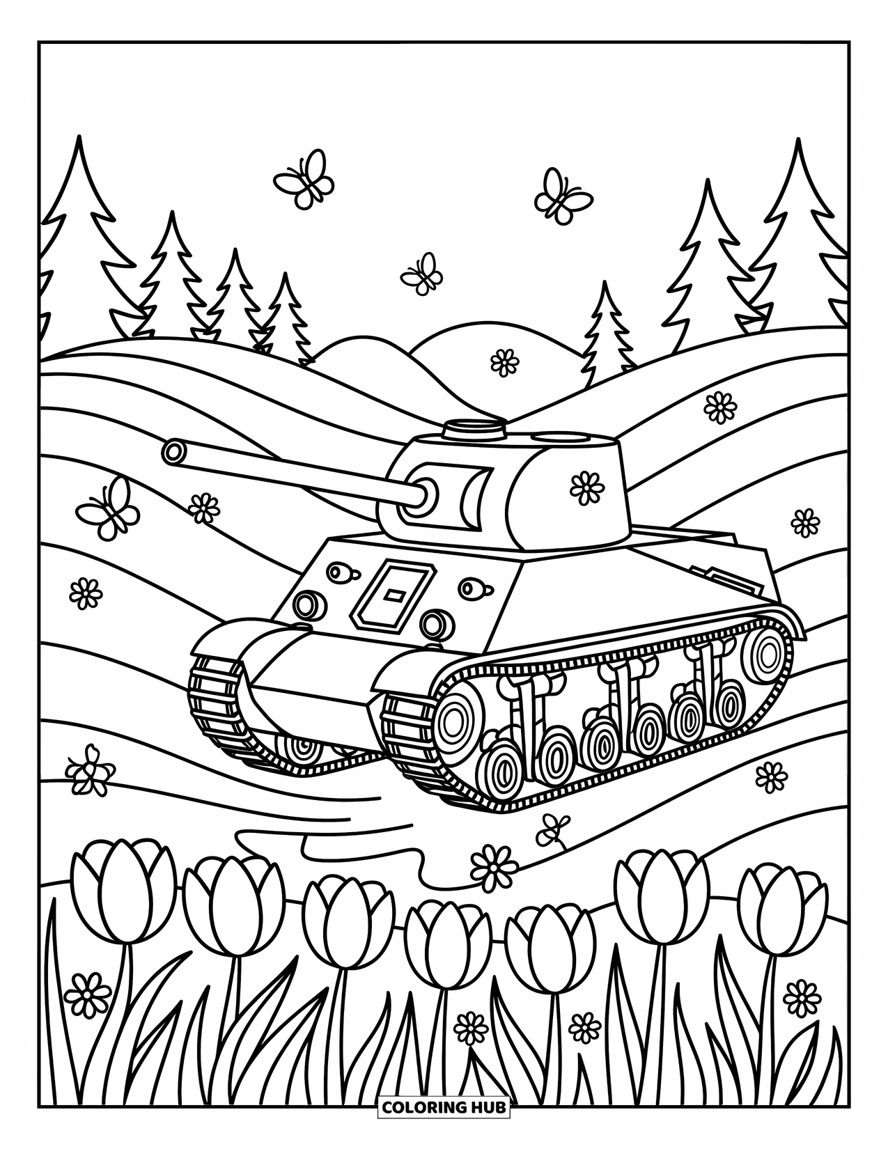 Ww2 Coloring Page for Adults: A cozy Sherman tank in a flowered field under soft, rolling hills