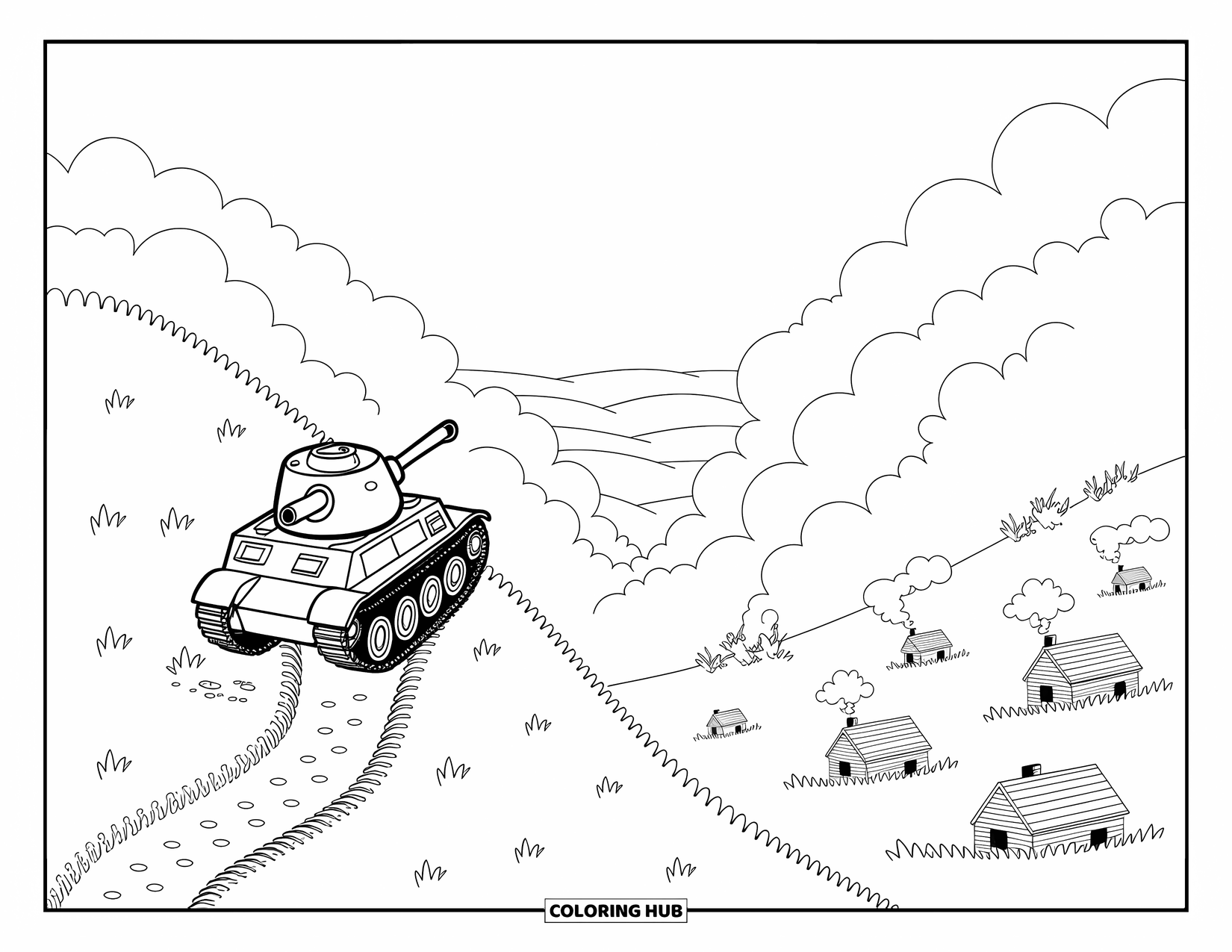 Ww2 Coloring Page for Adults: A cute tank rolls uphill past alpine flowers and rocky ledges