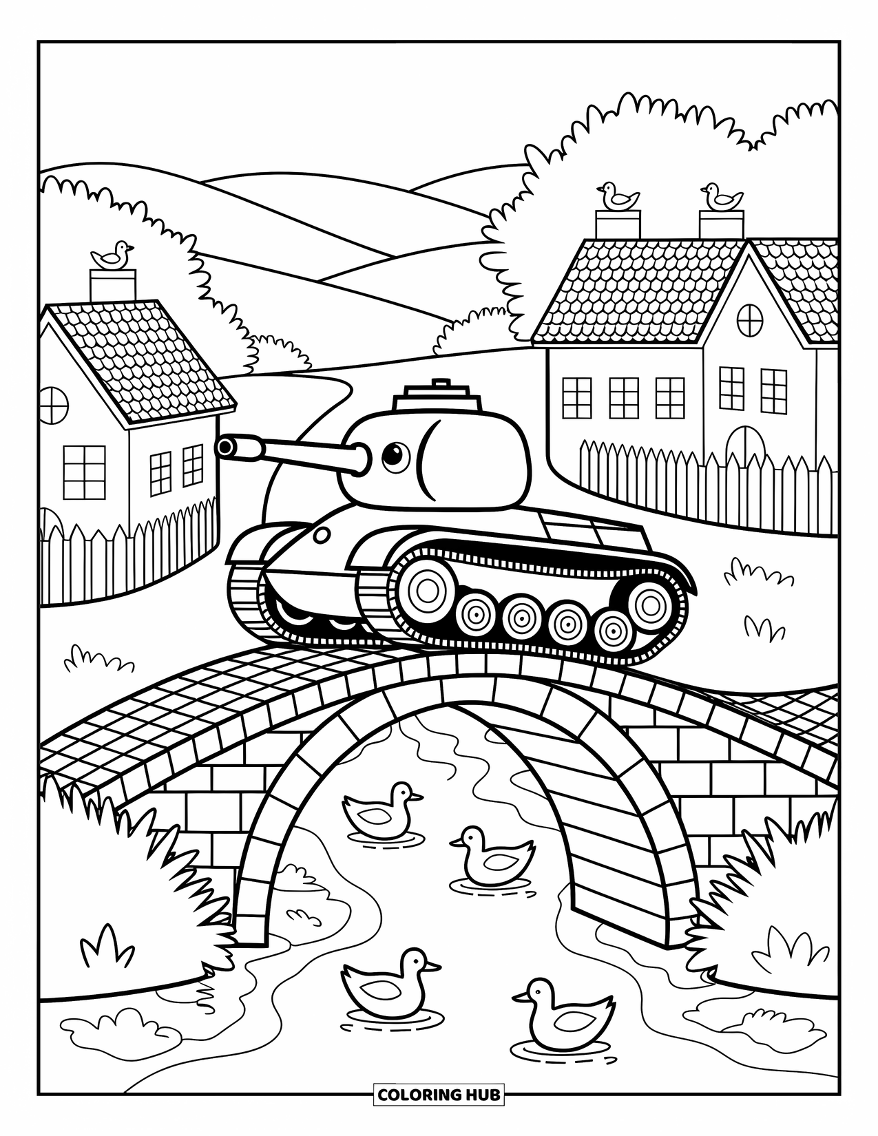 Ww2 Coloring Page for Adults: A round Tiger tank idles on a stone bridge over a bubbling stream