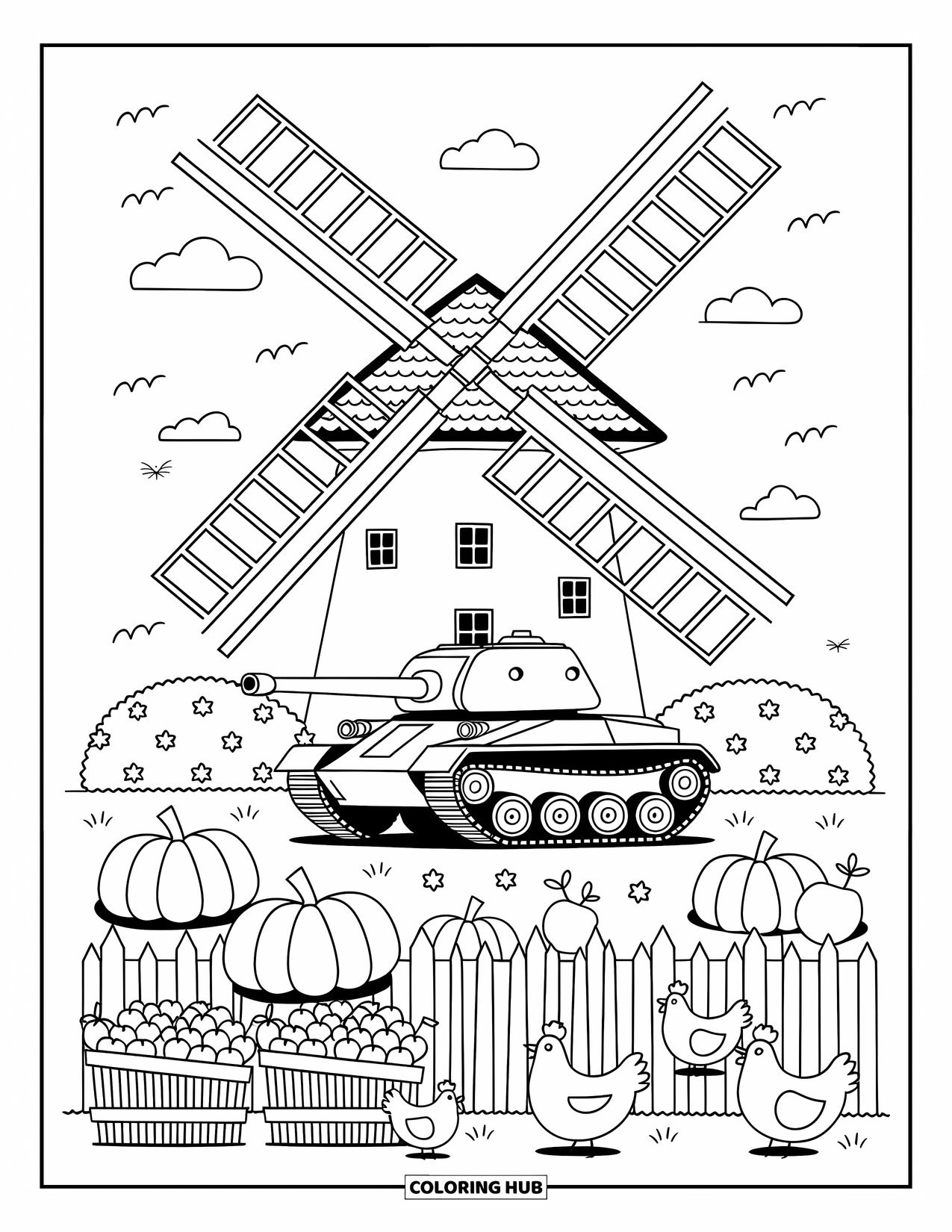 Ww2 Coloring Page for Adults: A small tank rests near pumpkins, apples, and a wooden fence