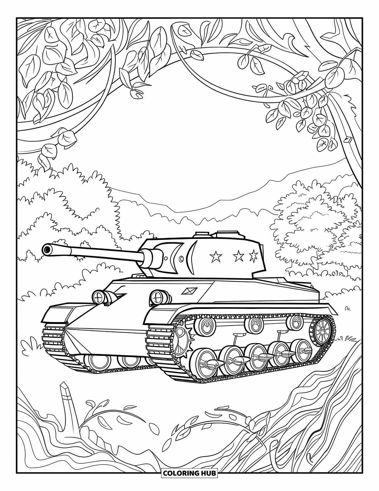 Ww2 Coloring Page for Adults: A tank amid trees and vines with gears forming a forest pattern