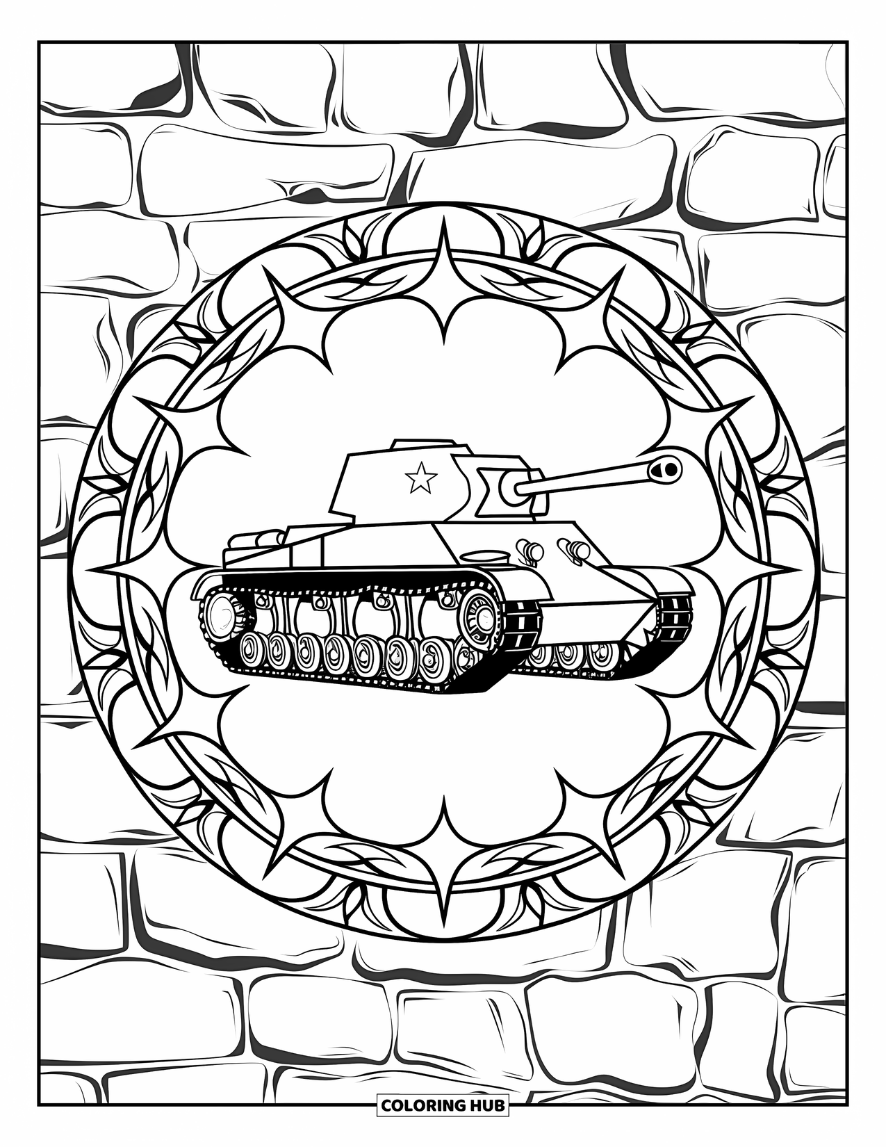 Ww2 Coloring Page for Adults: A tank centered inside a mandala of laurel leaves and stars