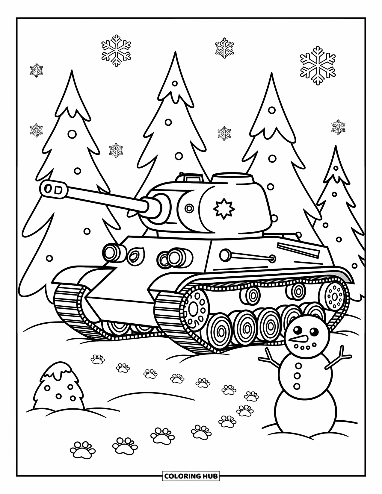 Ww2 Coloring Page for Adults: A tank dusted with snow sits near a snowman under falling snowflakes
