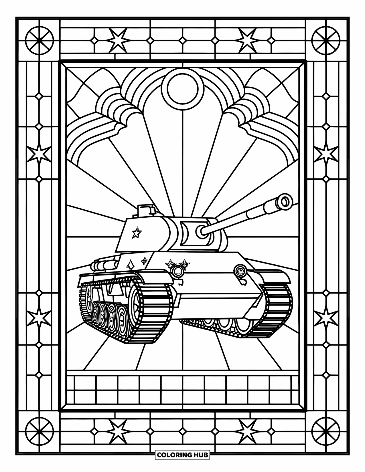 Ww2 Coloring Page for Adults: A tank framed by stained-glass designs and geometric patterns