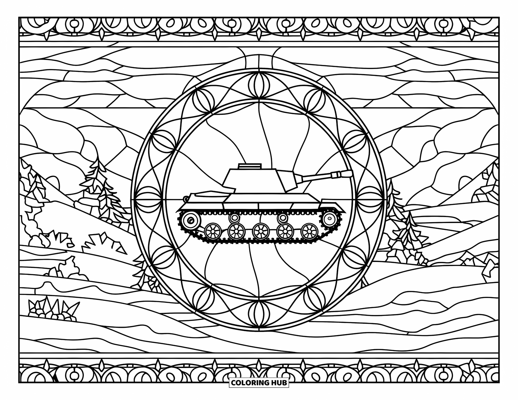Ww2 Coloring Page for Adults: A tank framed by stained glass stands before mountains and a calm lake